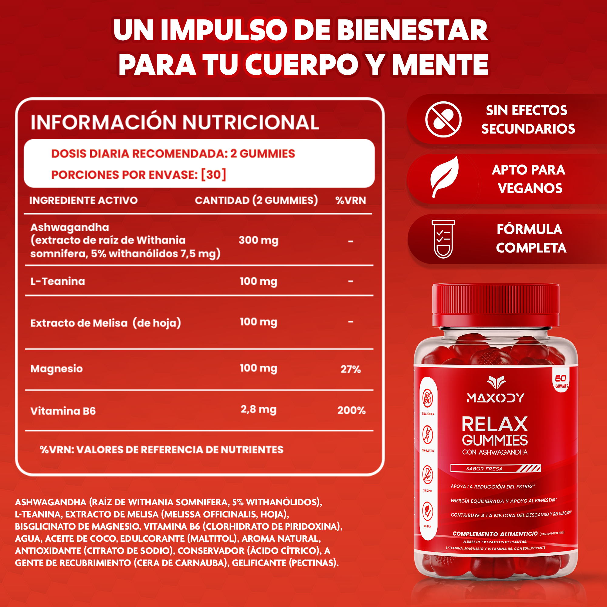 Imagen del producto Maxody Relax Gummies con Ashwagandha, sabor fresa.