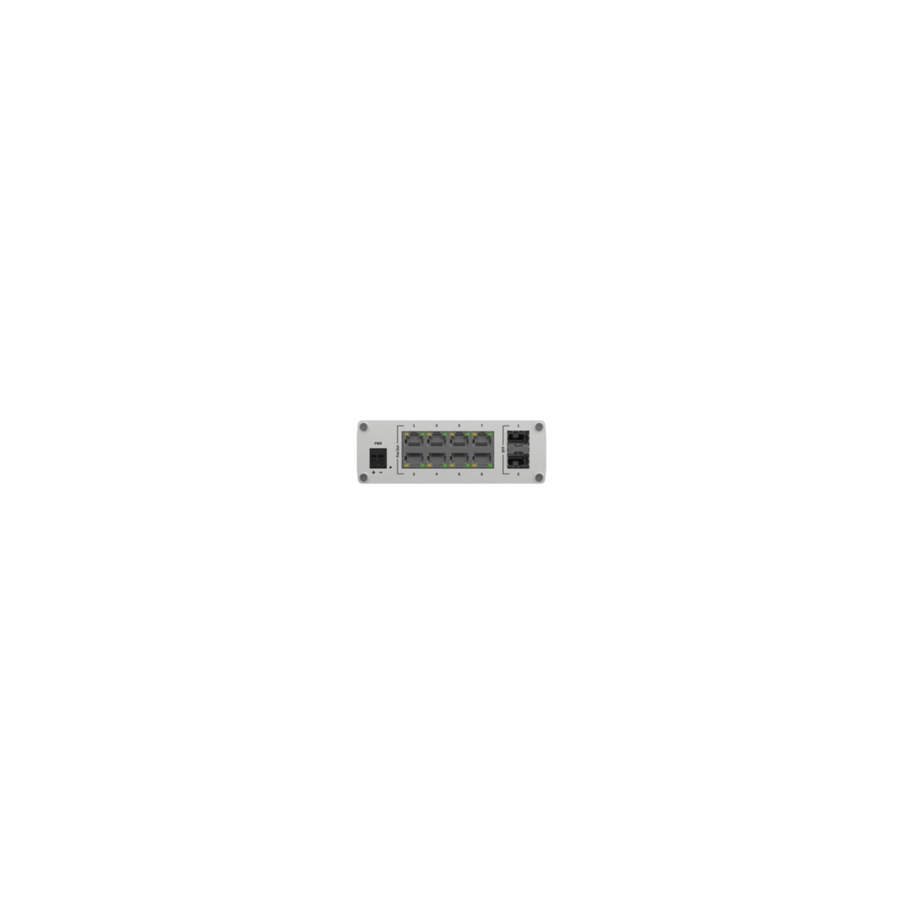 Een zilver apparaat met 8 Ethernet-poorten en 2 SFP-poorten.