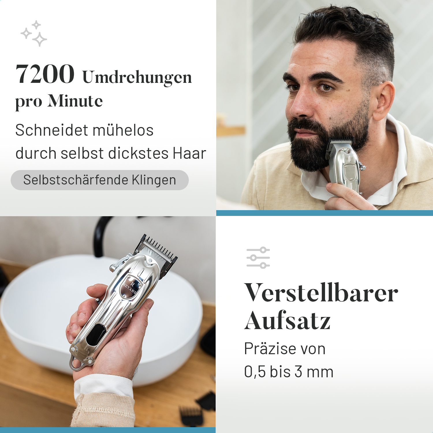 Ein Mann rasiert seinen Bart mit einem silbernen Haarschneider. Nahaufnahme.