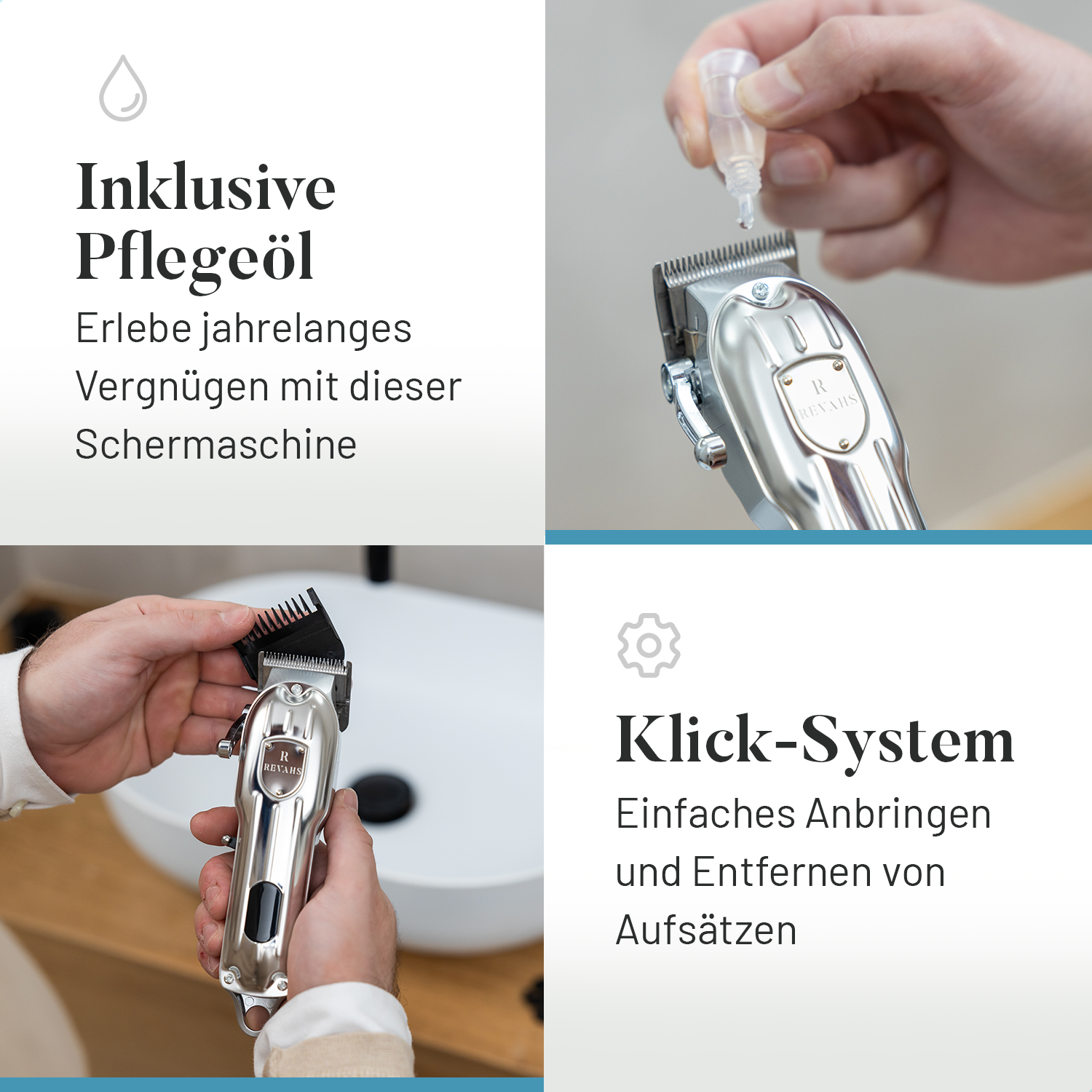 Detailansicht einer silbernen Haarschneidemaschine mit Öl und Aufsätzen.