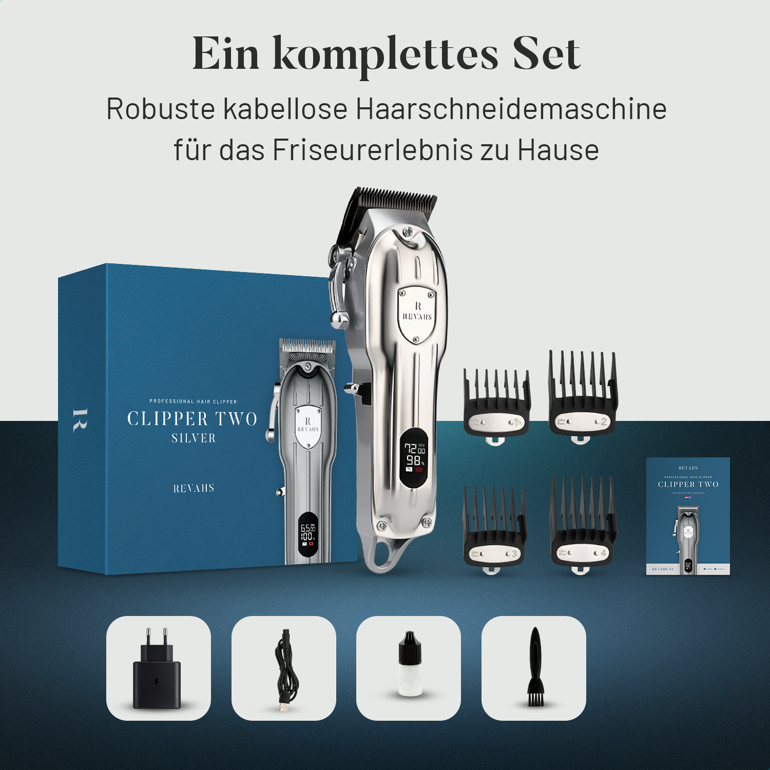 Ein silberner Haarschneider-Set mit Zubehör auf blauem Hintergrund.