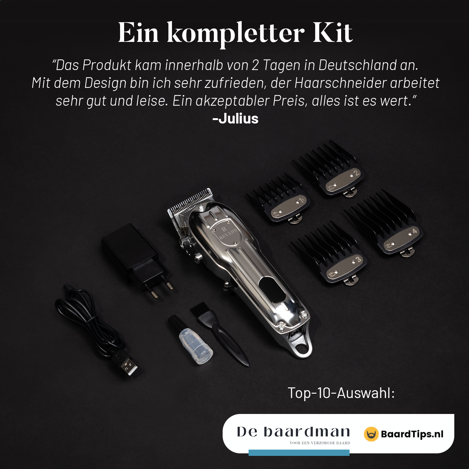 Ein silberner Haarschneider-Kit mit Aufsätzen, Ladekabel und Bürste.