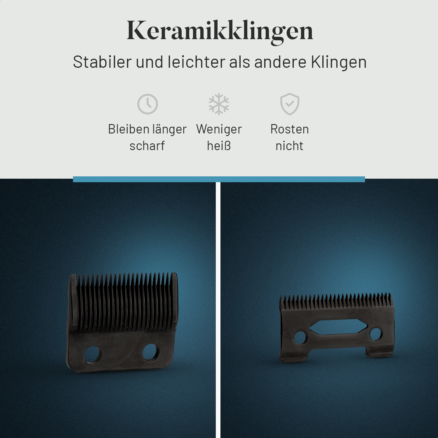 Zwei schwarze Keramikklingen für Haarschneider, eine mit zwei Löchern, die andere mit zwei Fenstern.