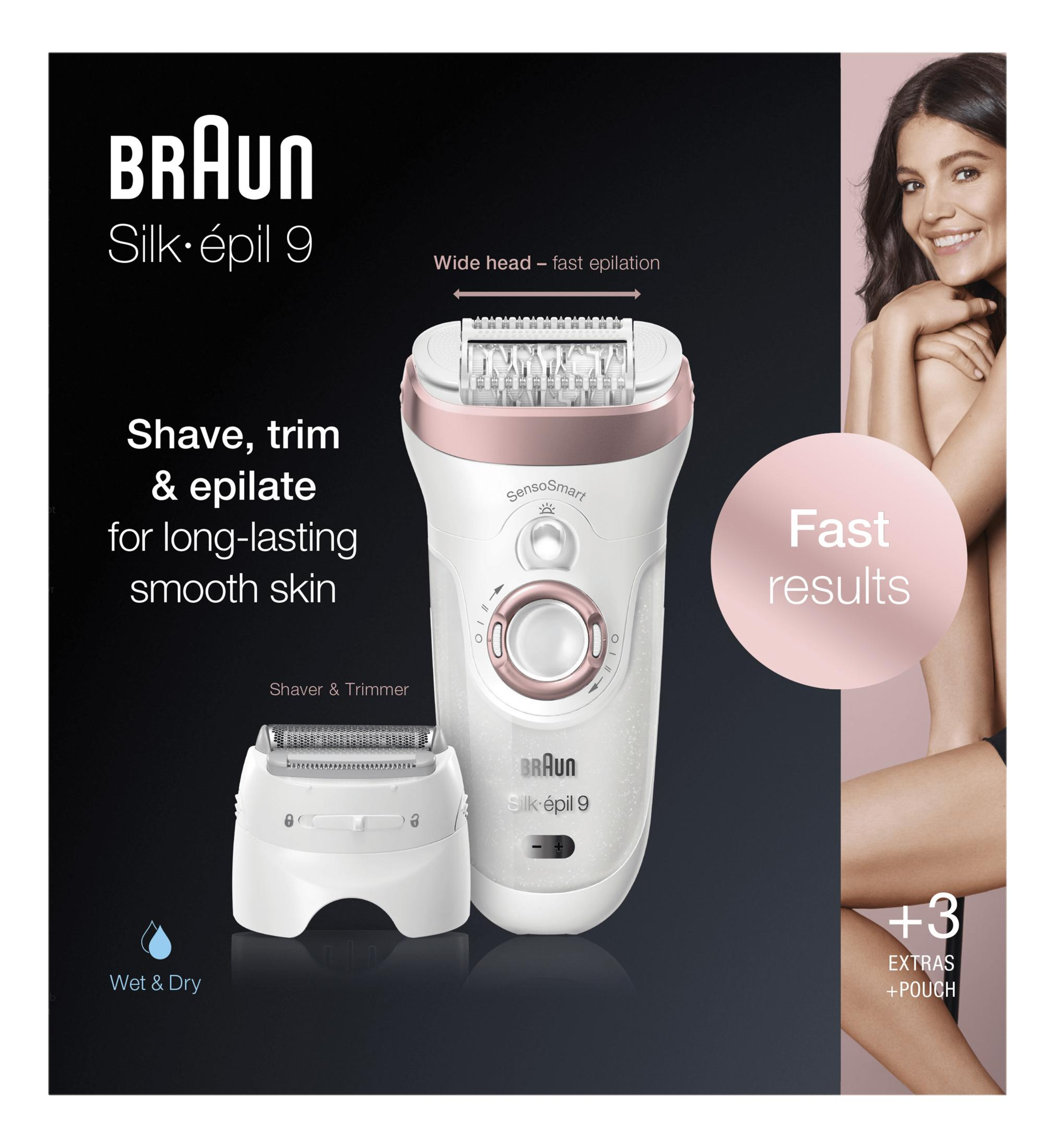 Hızlı tüy alma için geniş başlı Braun Silk-épil 9 epilatör.