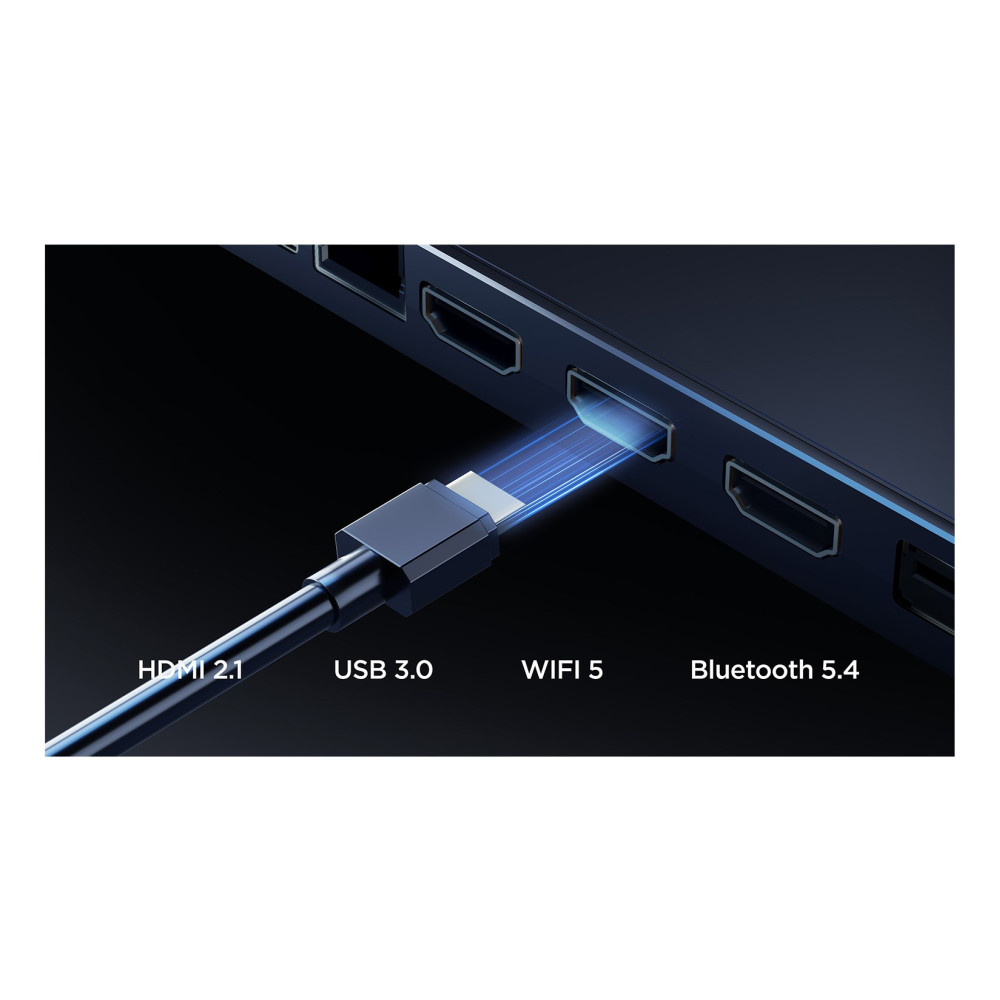 Kabel HDMI 2.1 podłączony do portu. Etykiety: USB 3.0, WiFi 5, Bluetooth 5.4.