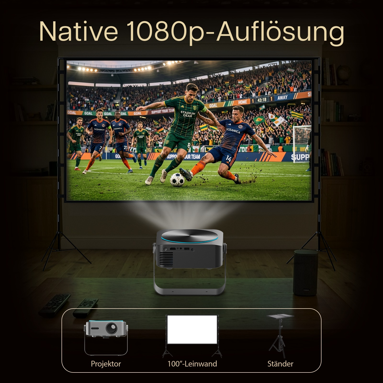 Ein Projektor wirft ein Fußballspiel auf einen Bildschirm. Unten sind Projektor, Leinwand und Ständer abgebildet.