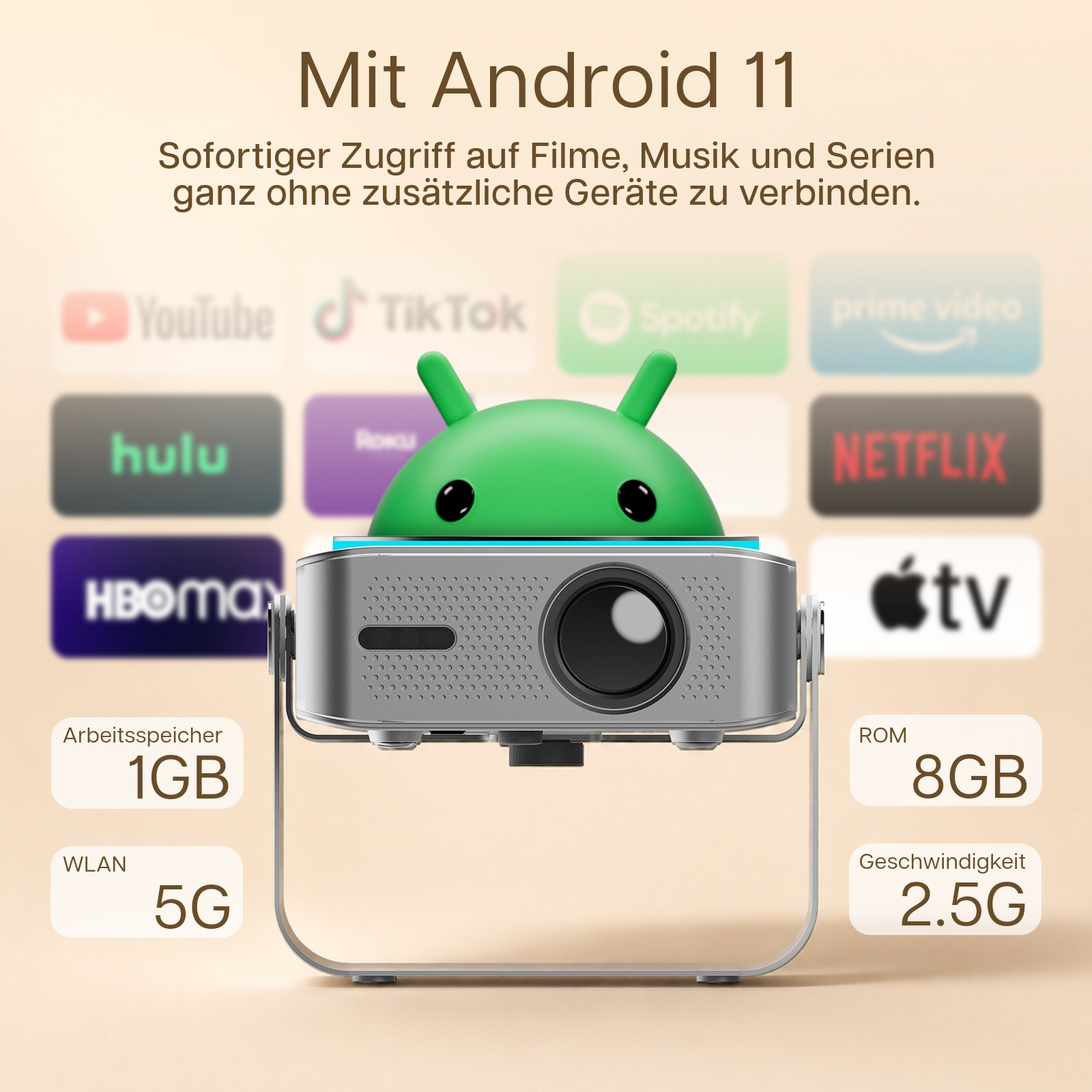 Ein Projektor mit Android 11, 1GB RAM, 5G WLAN und 8GB ROM.