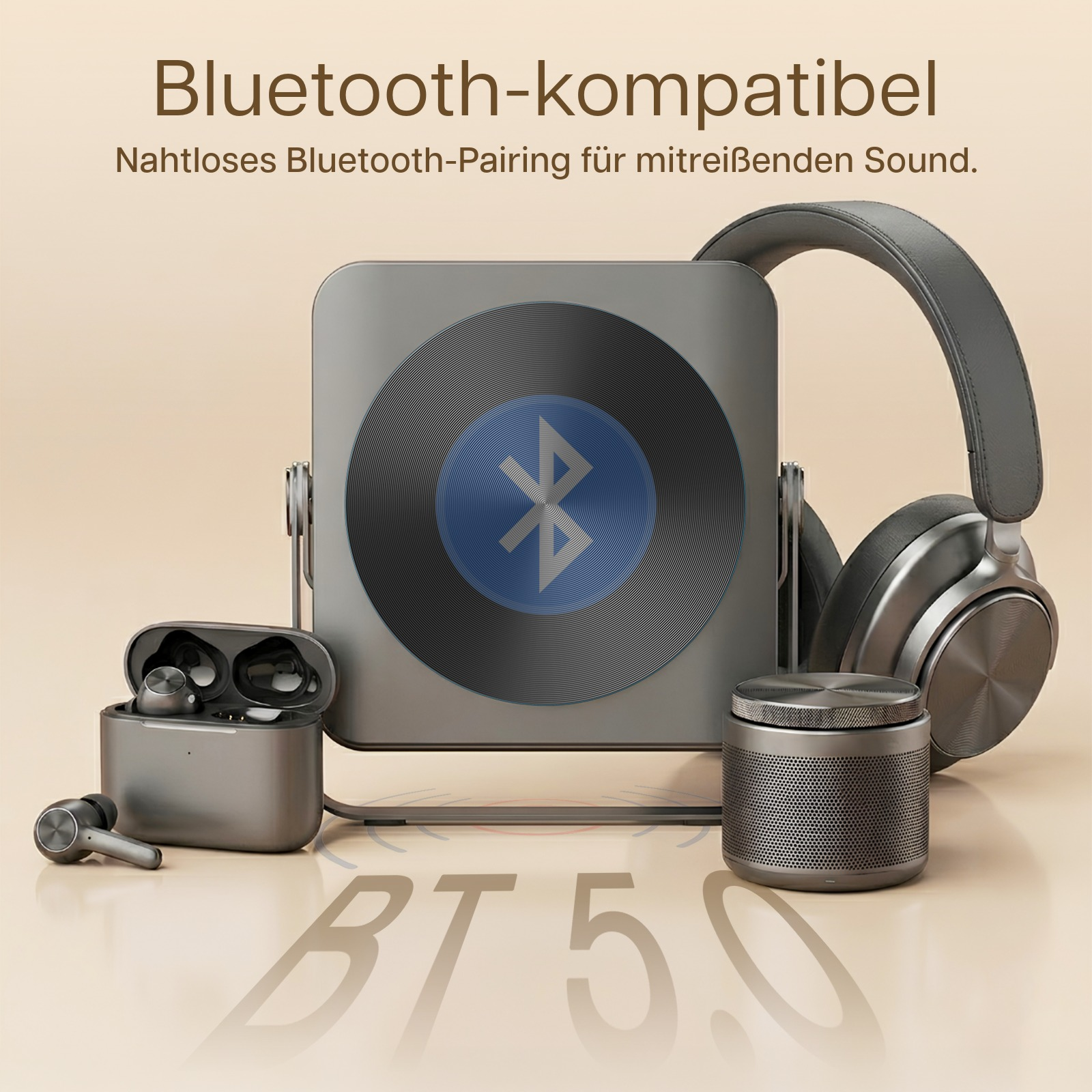 Graue Kopfhörer, Ohrhörer und Lautsprecher mit Bluetooth-Symbol.