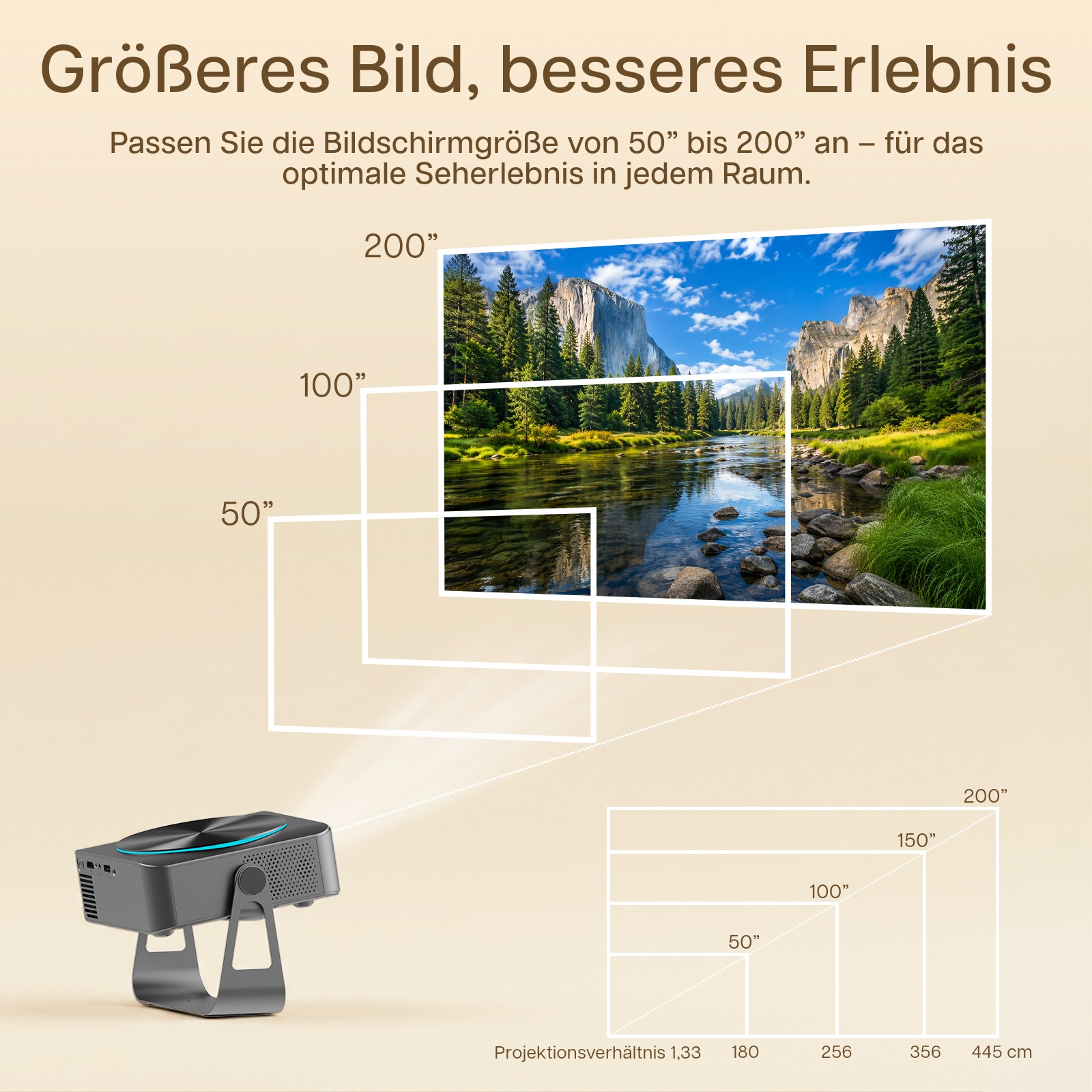 Ein Projektor wirft ein Bild einer Berglandschaft mit Fluss auf eine Leinwand.