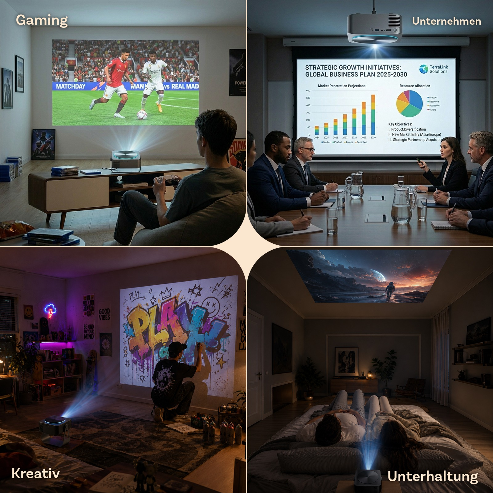 Vier Szenen zeigen Projektoren: Gaming, Business, Kunst und Unterhaltung.