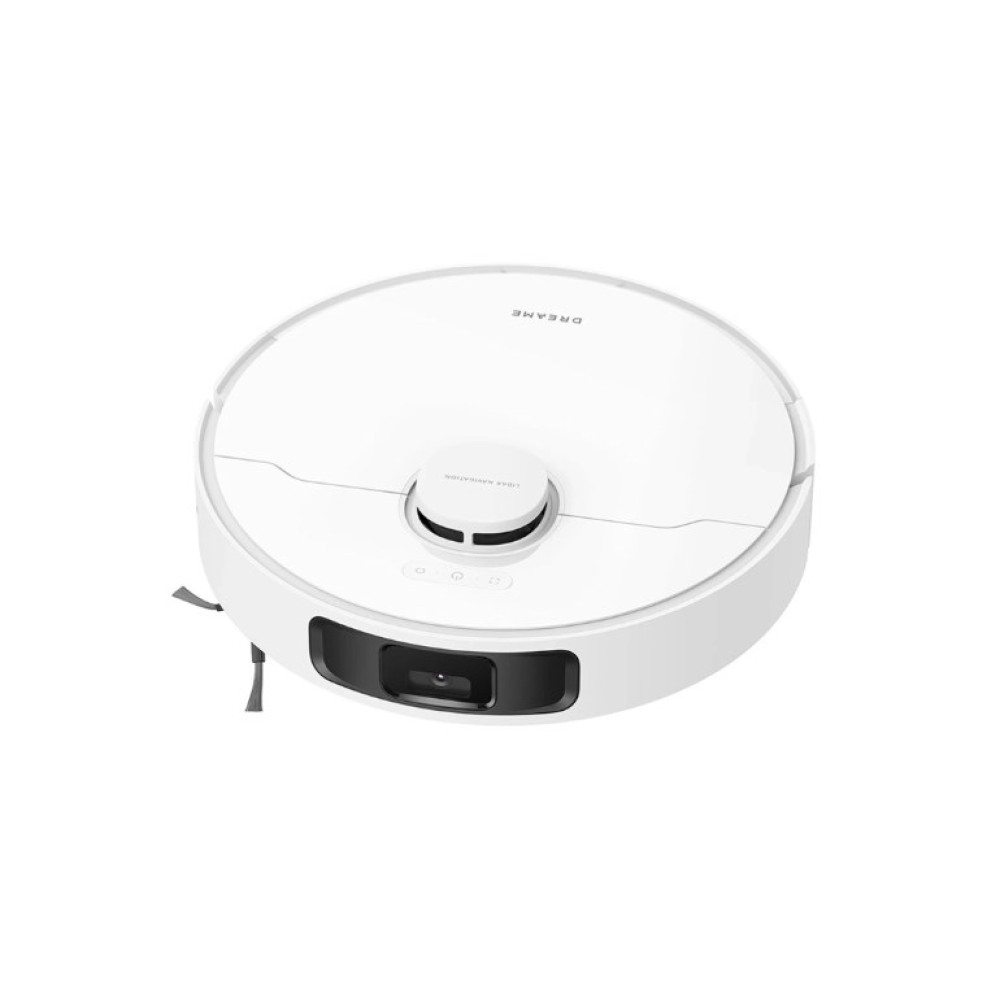 Ein weißer Saugroboter mit LiDAR-Navigation und schwarzer Frontkamera.