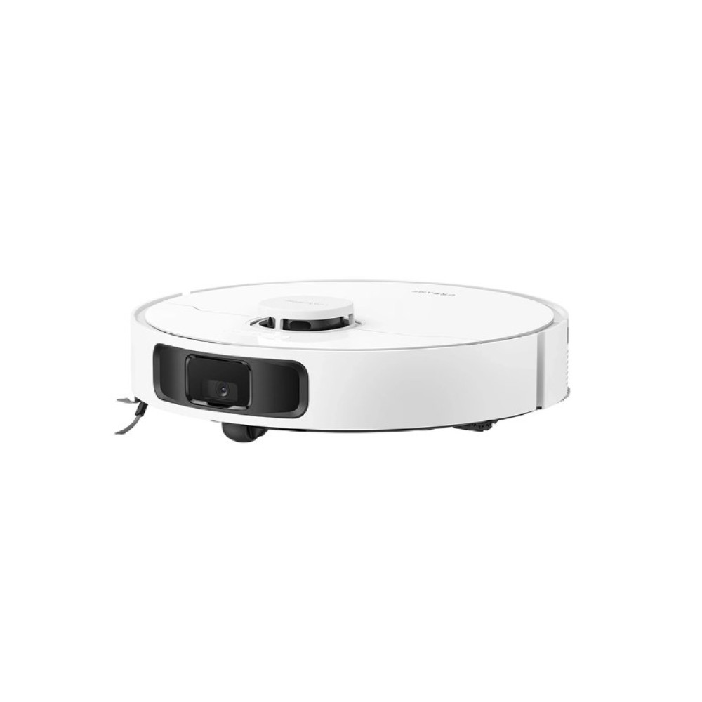 Ein weißer Saugroboter mit schwarzem Sensor vorne und einem Knopf oben.
