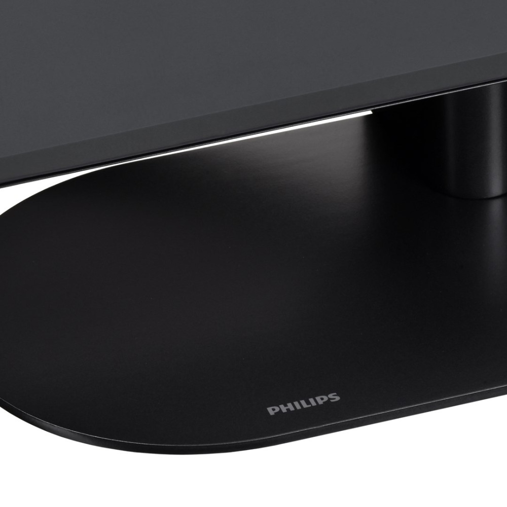 Ein schwarzer Monitorfuß mit dem Philips-Logo.
