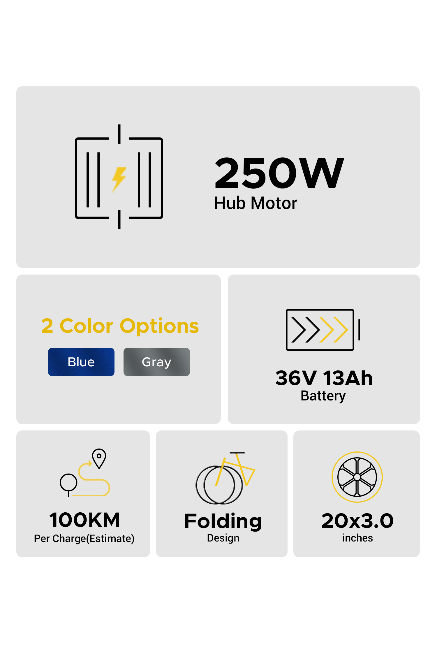 Especificaciones de e-bike: motor 250W, batería 36V 13Ah, autonomía 100km.