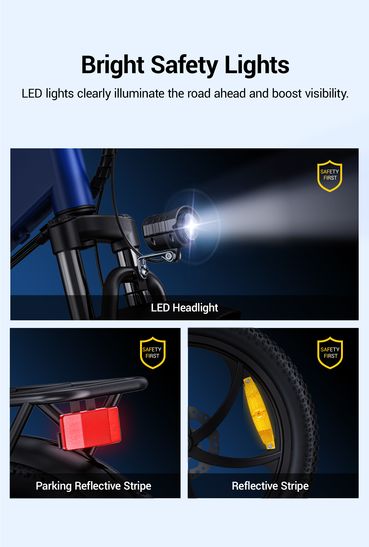 Faro de bicicleta y reflectores para seguridad.