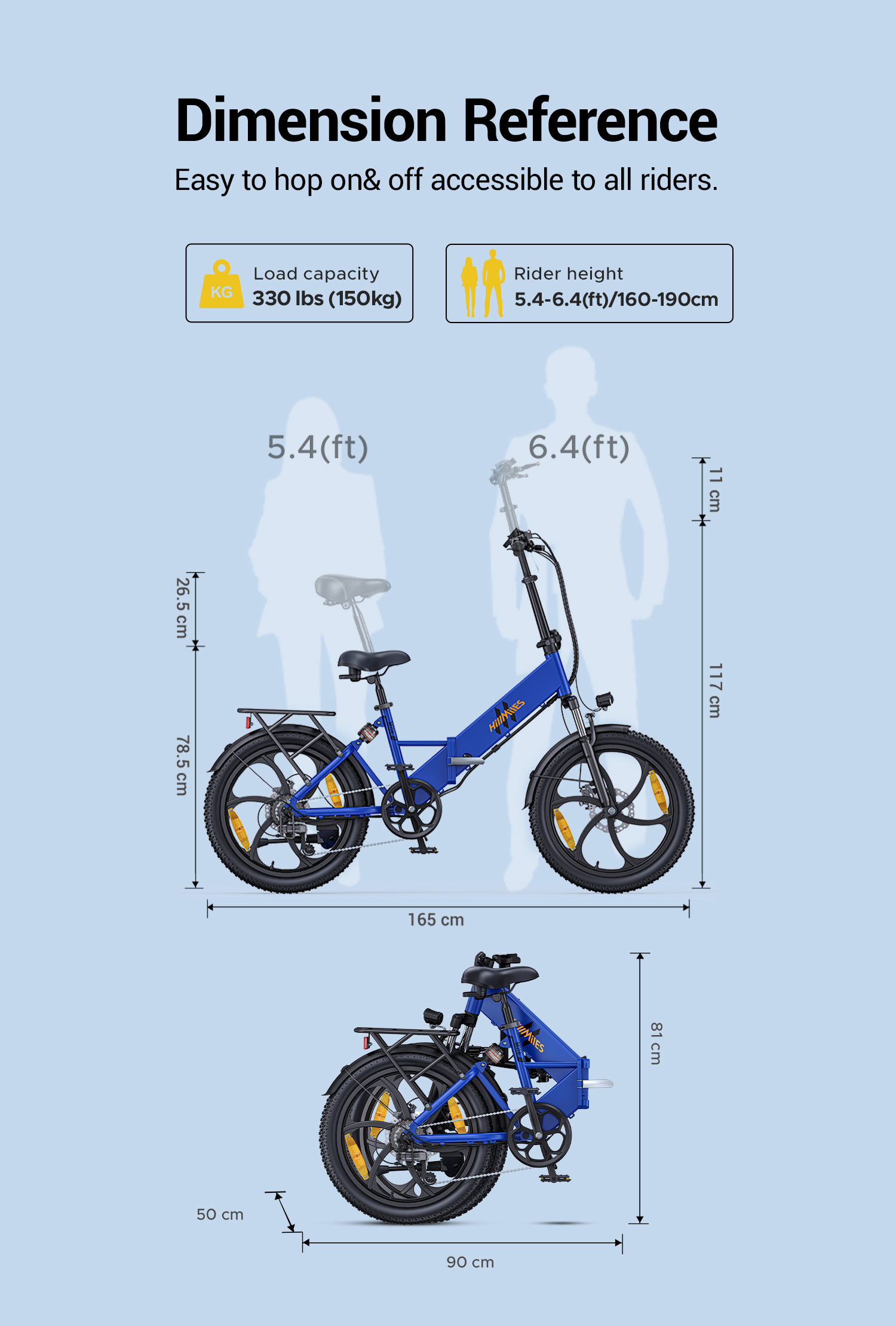 Bicicleta azul con dimensiones: 165cm L, 117cm A (desplegada) y 90cm L, 81cm A (plegada).