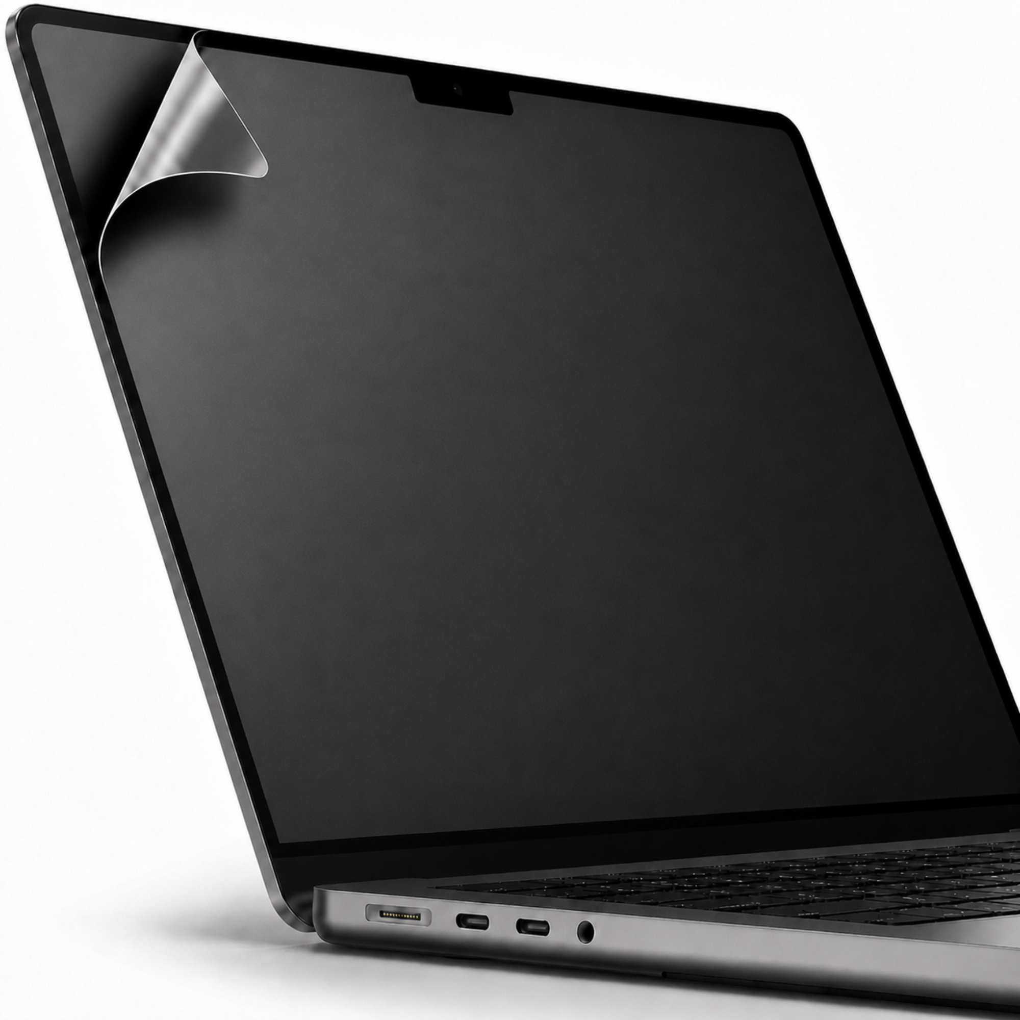 Ein Laptop-Bildschirm mit einer sich ablösenden Schutzfolie.