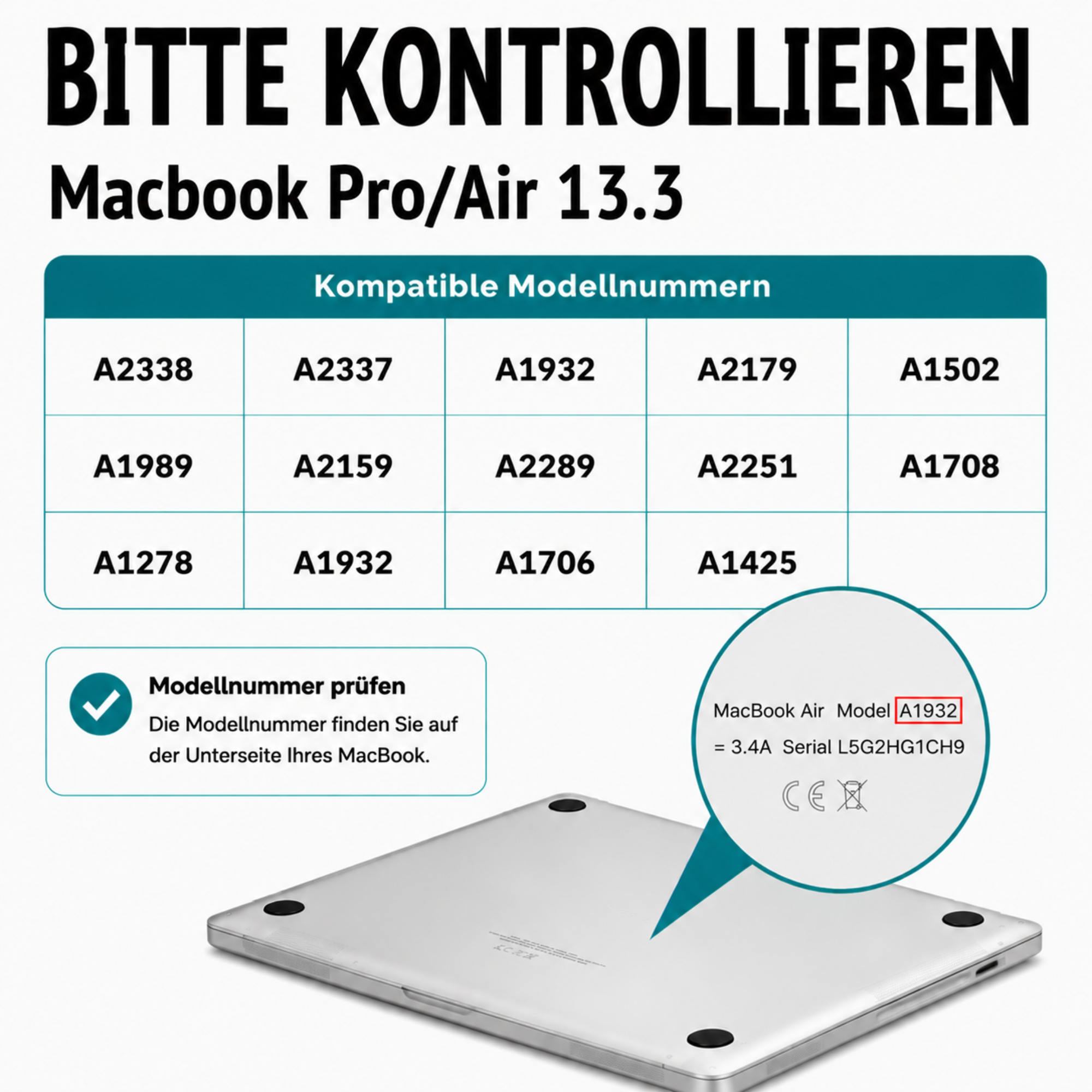 Liste kompatibler MacBook Pro/Air Modellnummern, mit hervorgehobenem A1932.