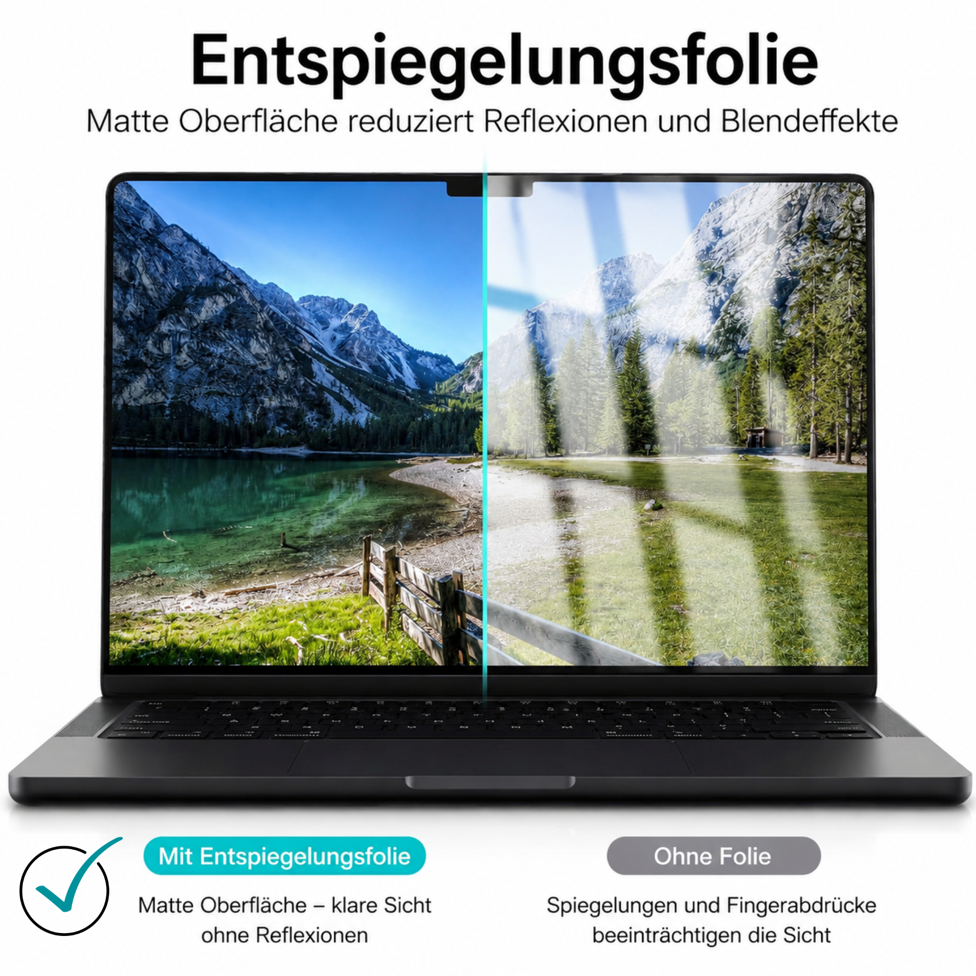 Laptop-Bildschirm mit und ohne Entspiegelungsfolie im Vergleich.