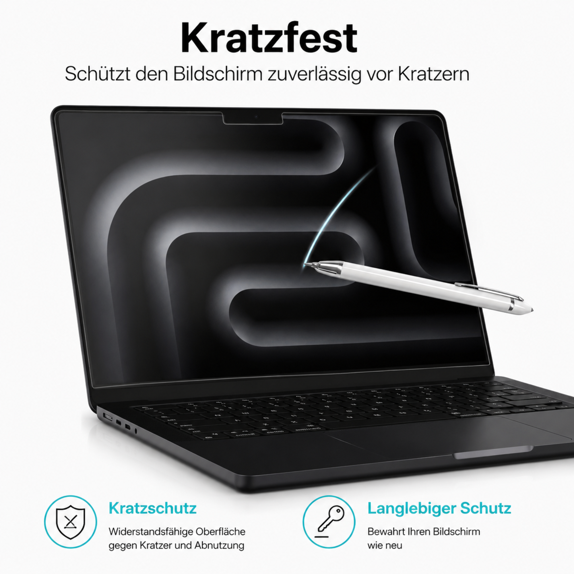Ein weißer Stift schwebt über einem Laptop-Bildschirm mit dunklem, abstraktem Muster.