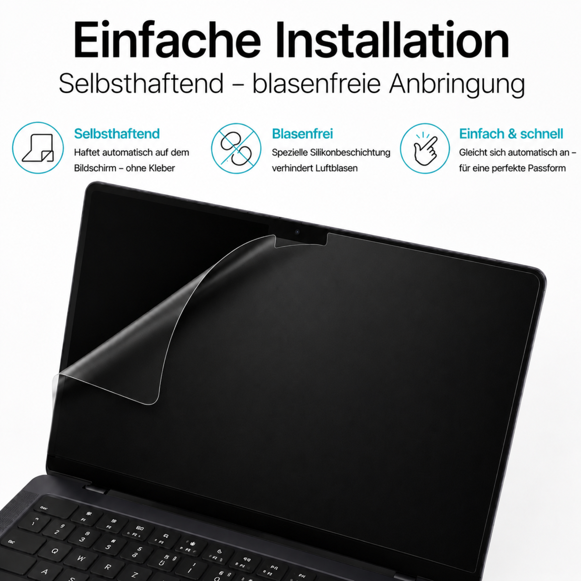 Schutzfolie wird auf einem Laptop-Bildschirm angebracht. Einfache Installation.