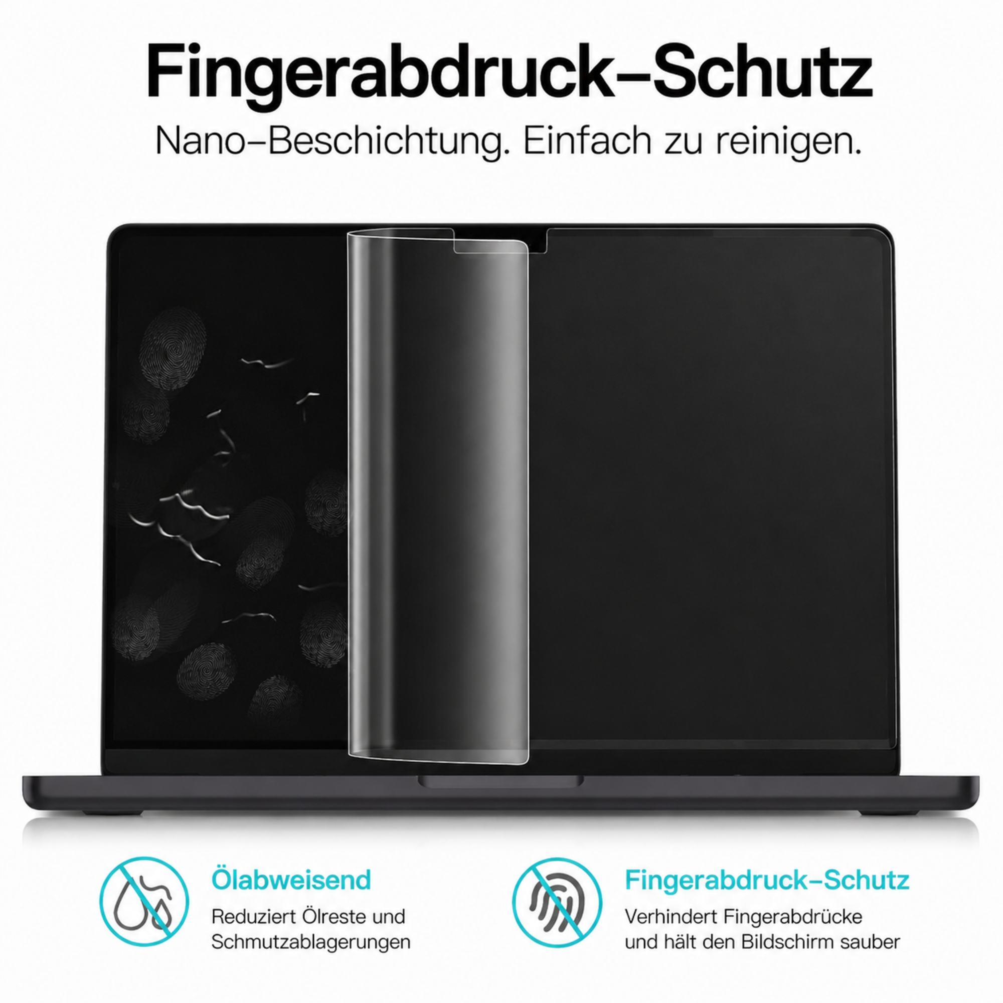 Laptop-Bildschirm mit Fingerabdrücken und Schutzfolie. Ölabweisend.