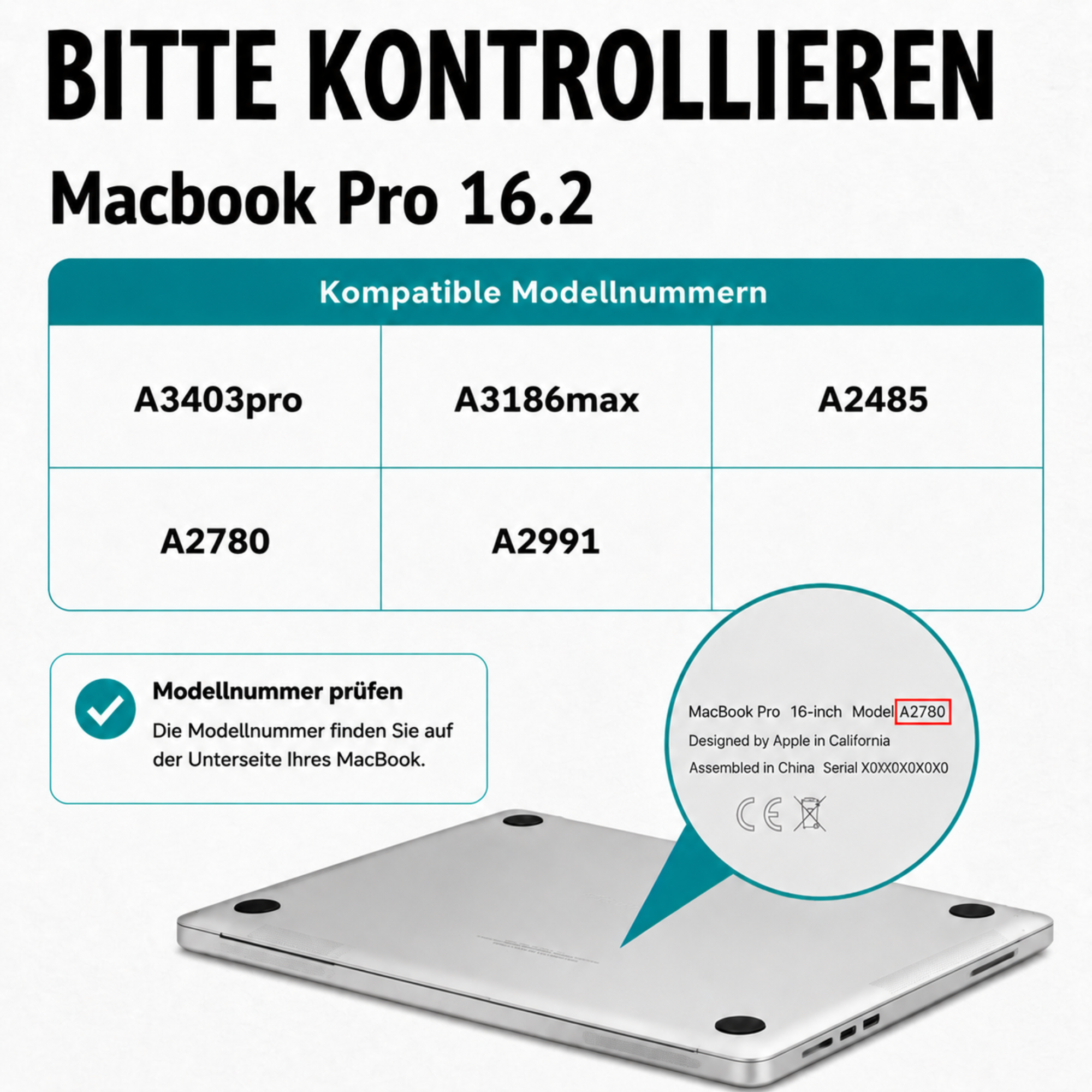MacBook Pro 16 mit Modellnummern A3403pro, A3186max, A2485, A2780, A2991.