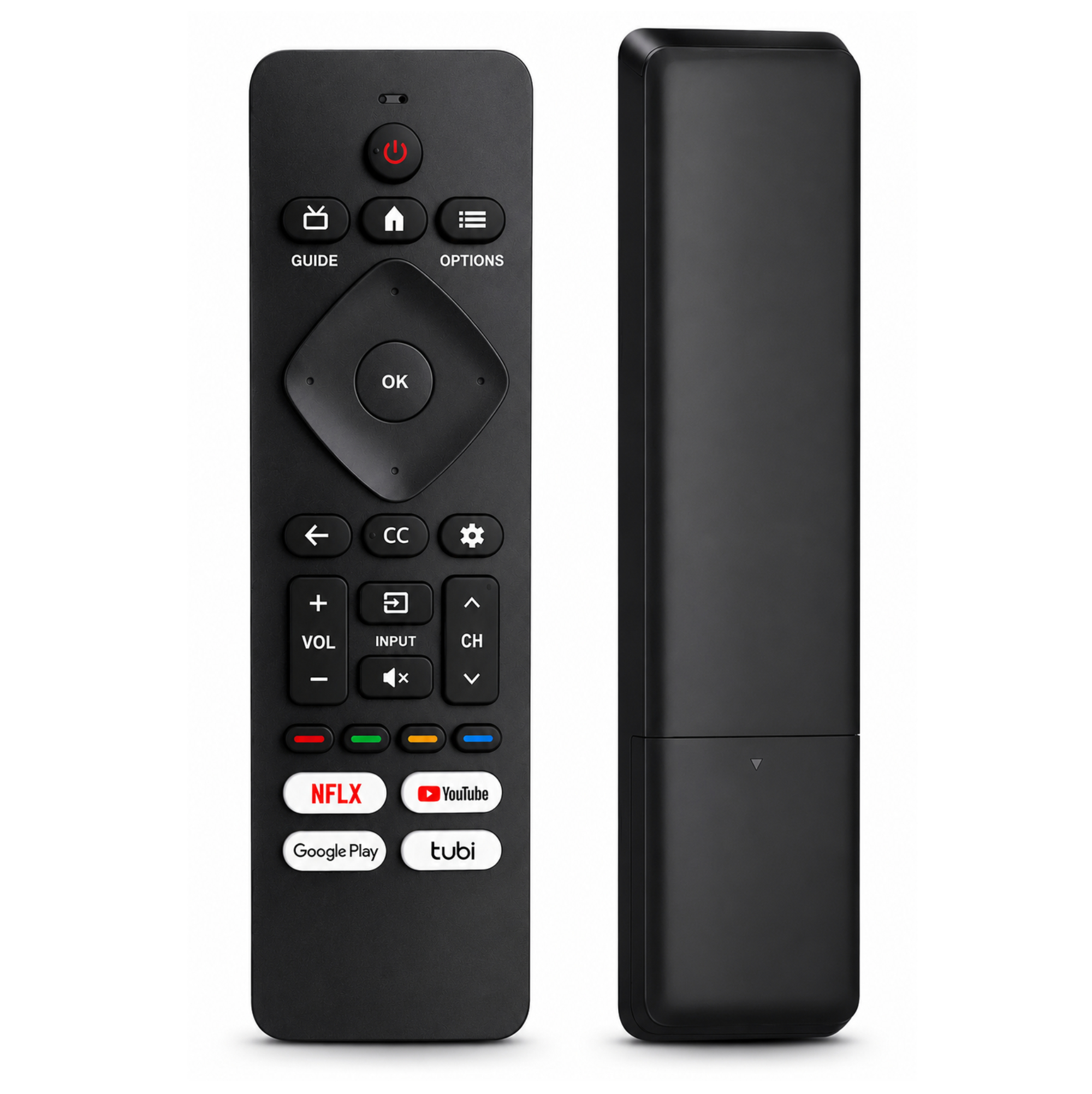 Schwarze Fernbedienung mit Tasten für Netflix, YouTube, Google Play und Tubi.