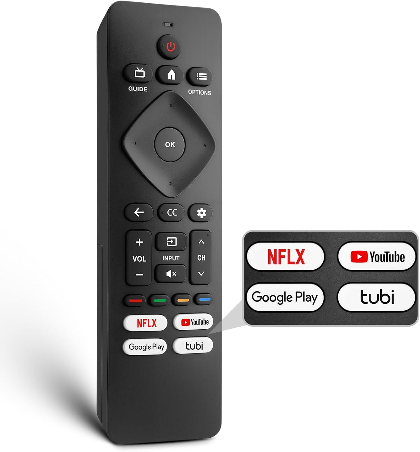 Schwarze TV-Fernbedienung mit Tasten für Netflix, YouTube, Google Play und Tubi.