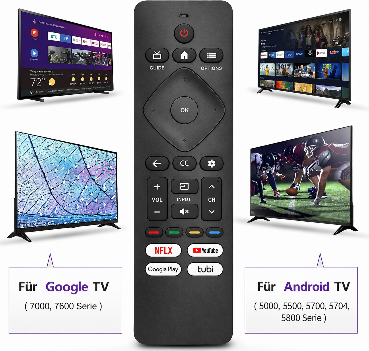 Ein schwarzer Fernbedienung mit Tasten und TV-Bildschirmen, die Apps und Sport zeigen.