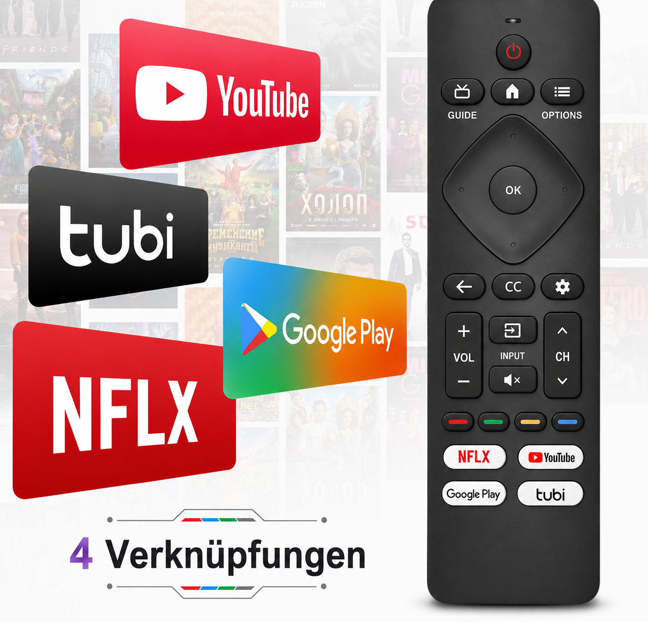 Eine Fernbedienung mit App-Icons: YouTube, Tubi, Netflix, Google Play.