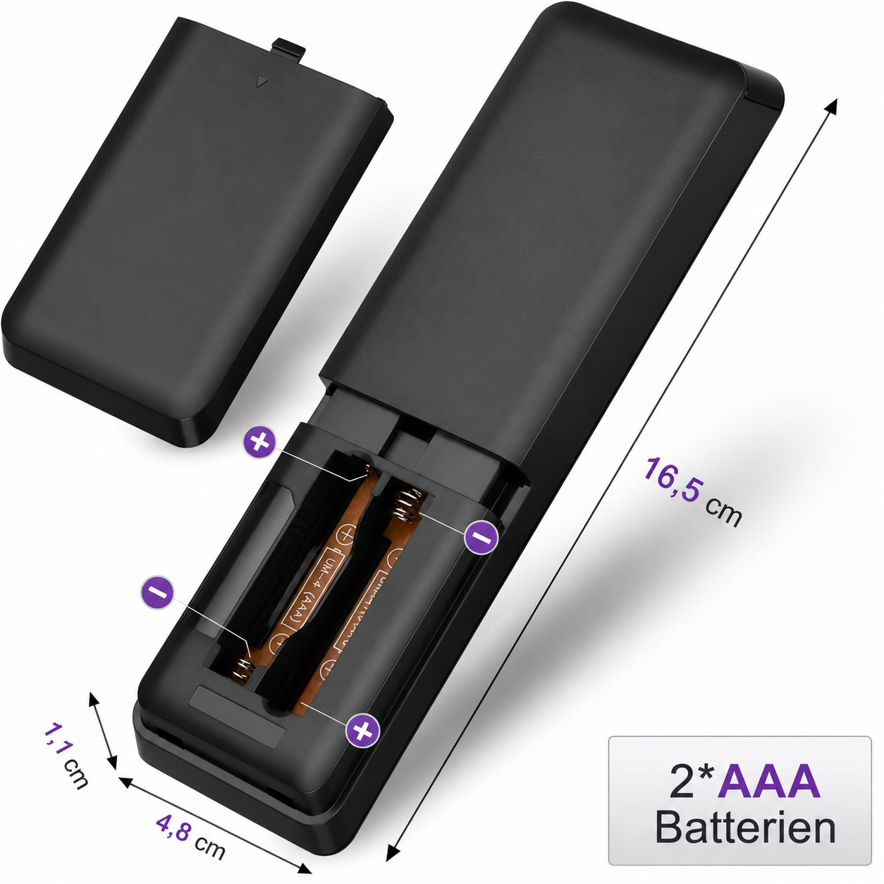 Schwarzer Fernbedienungsdeckel offen, zeigt 2 AAA-Batterien und Maße.