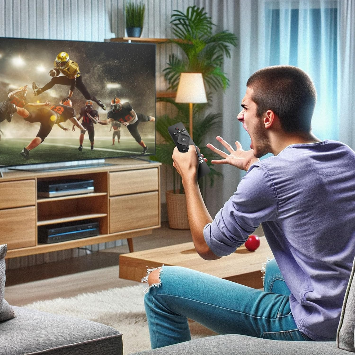 Ein Mann schreit vor einem Fernseher, der ein Footballspiel zeigt.