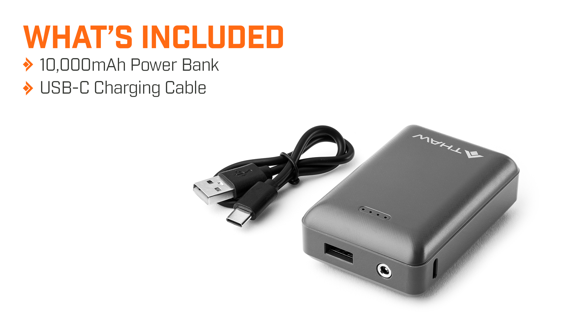 Grauer 10.000mAh Powerbank mit USB-C-Kabel auf weißem Hintergrund.