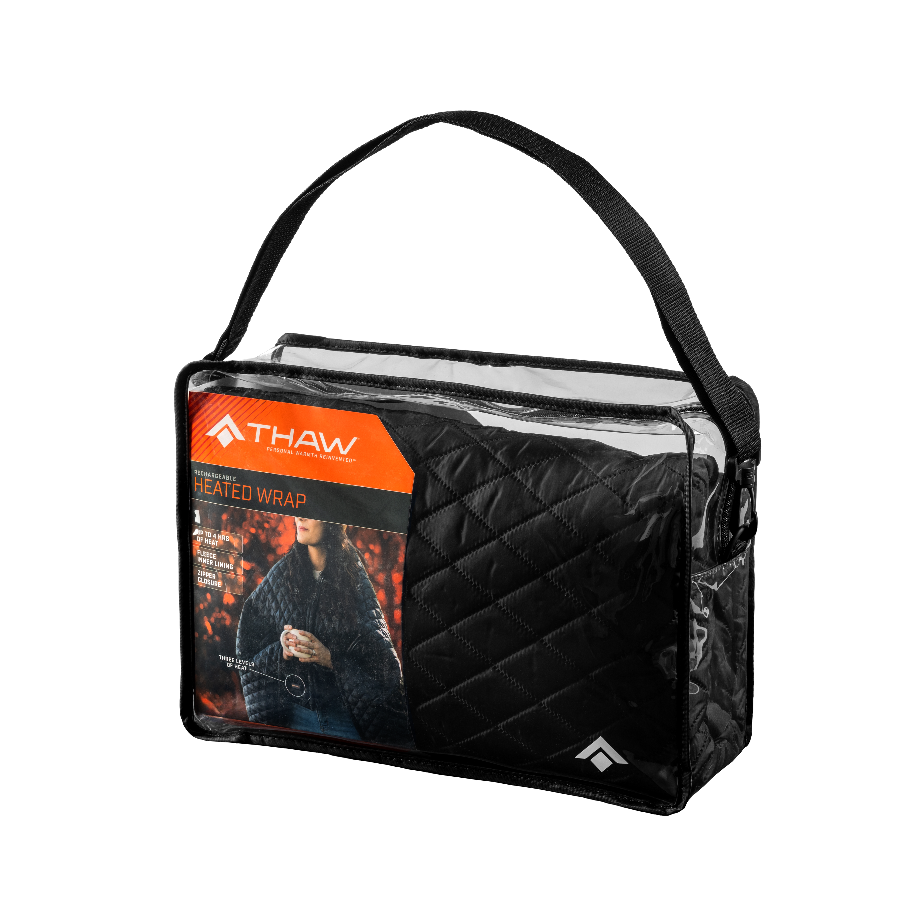 Schwarze Tasche mit Schultergurt für eine beheizbare Decke, mit orangefarbener Vorderseite.