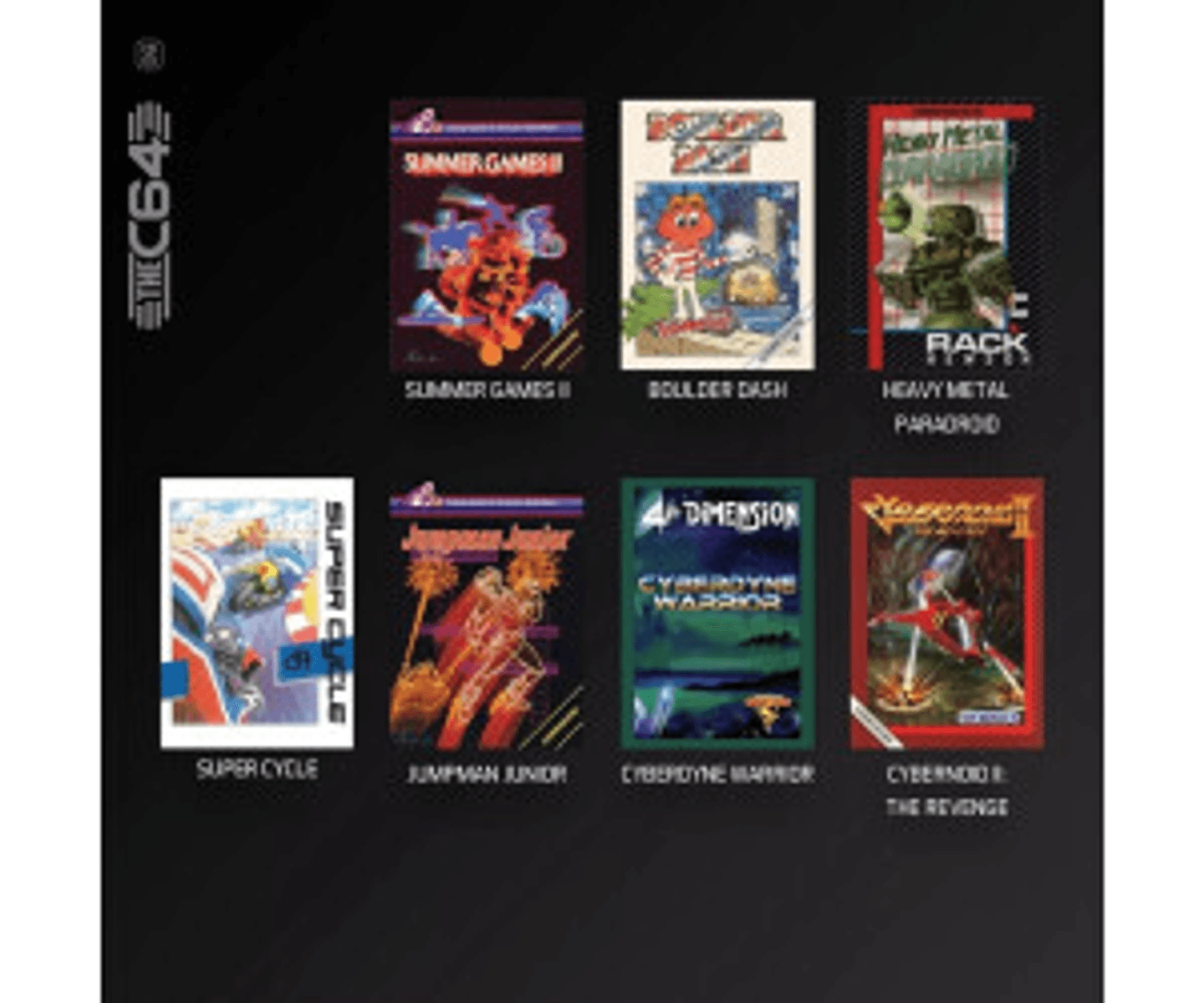 Collezione di 8 copertine di giochi retrò: Summer Games II, Boulder Dash, Heavy Metal, Super Cycle, Jumpman Junior, Cyberdyne Warrior, Cybernoid II.