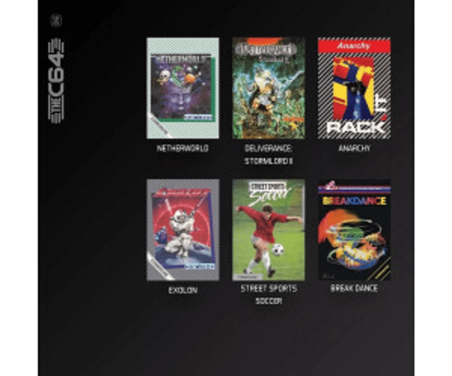 Sei copertine di giochi: Netherworld, Deliverance, Anarchy, Exolon, Street Sports Soccer, Break Dance.