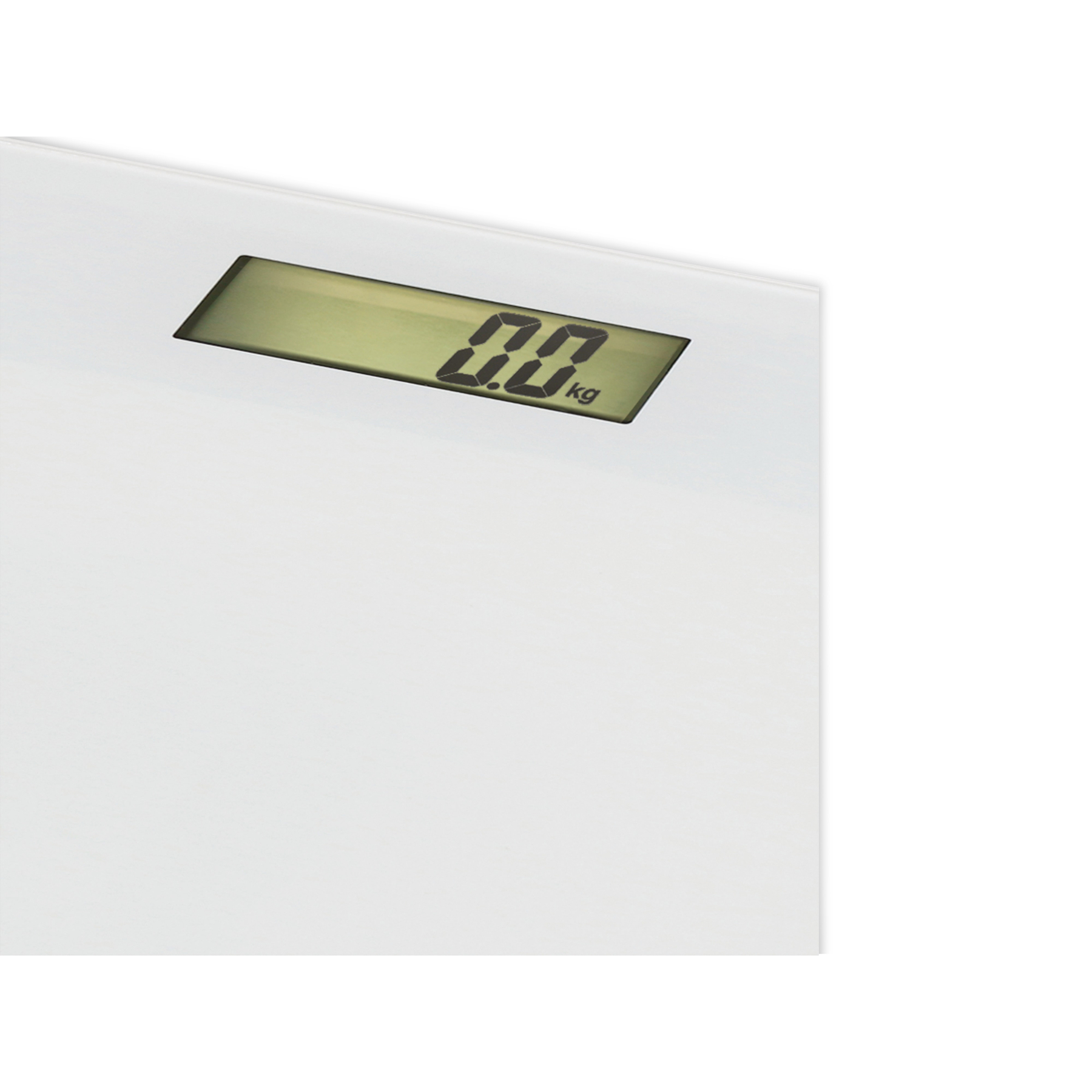 Eine weiße digitale Waage mit einem Display, das 0,0 kg anzeigt.