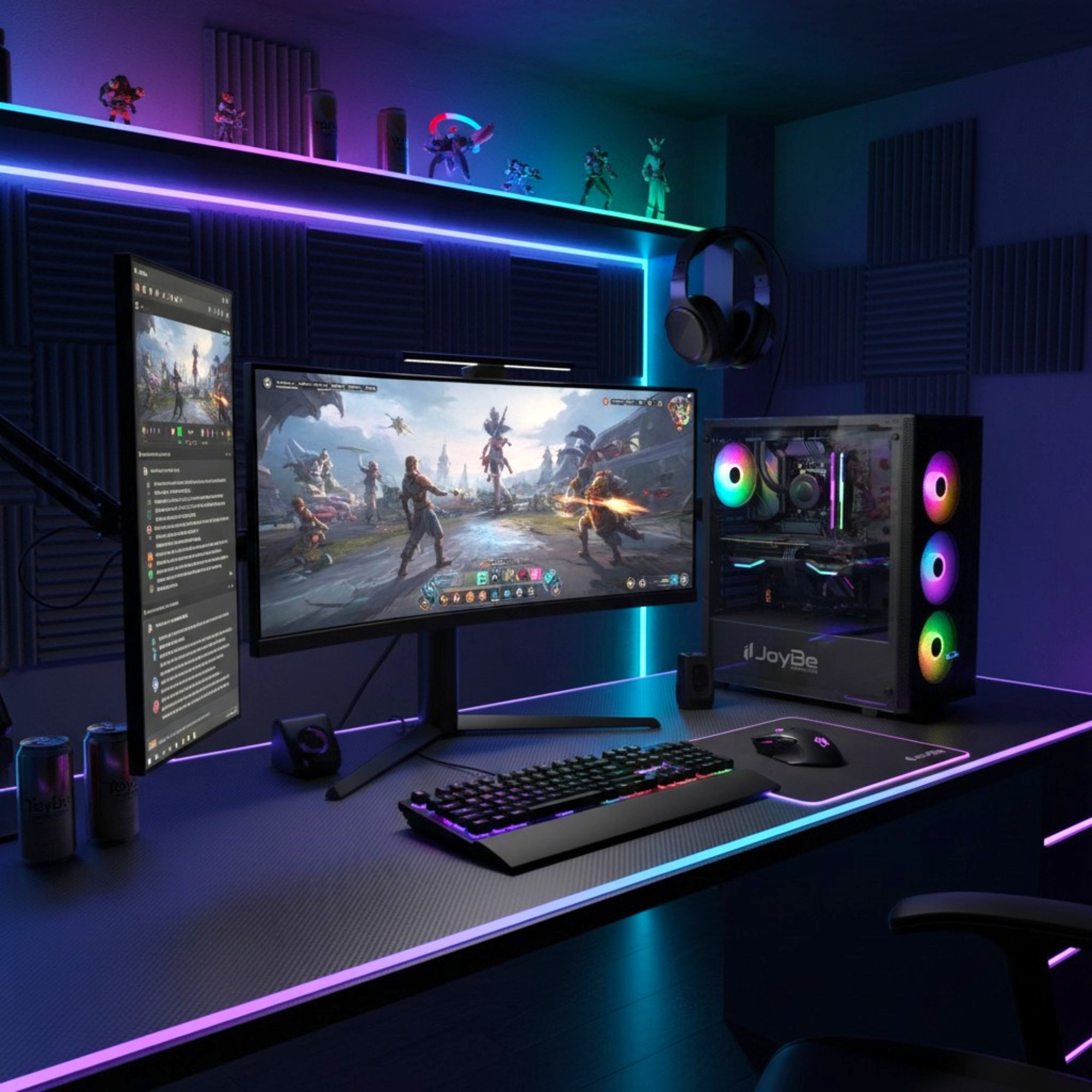 Una configuración de juego con dos monitores, teclado RGB, ratón, PC, auriculares y figuras en estante.