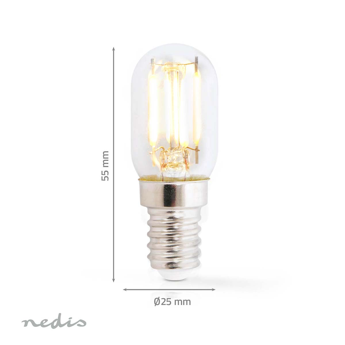 Eine kleine Röhrenlampe mit E14-Sockel, 55mm lang, 25mm Durchmesser.