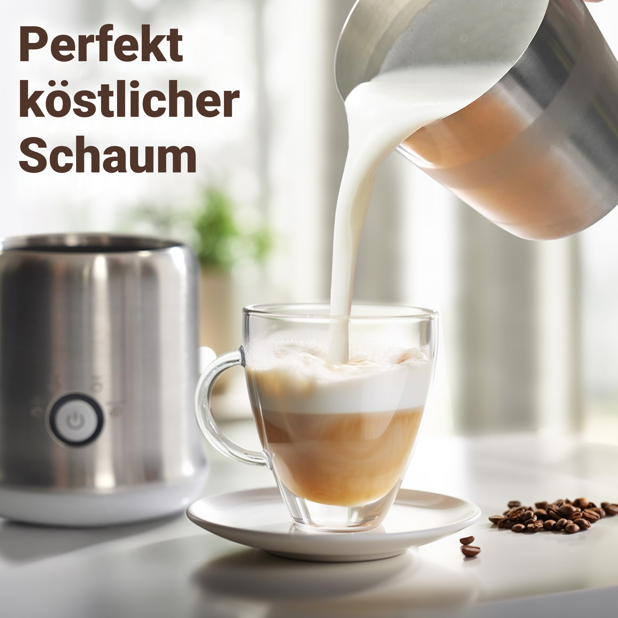 Milch wird in eine Tasse mit Kaffee gegossen, neben einer Kaffeemaschine.