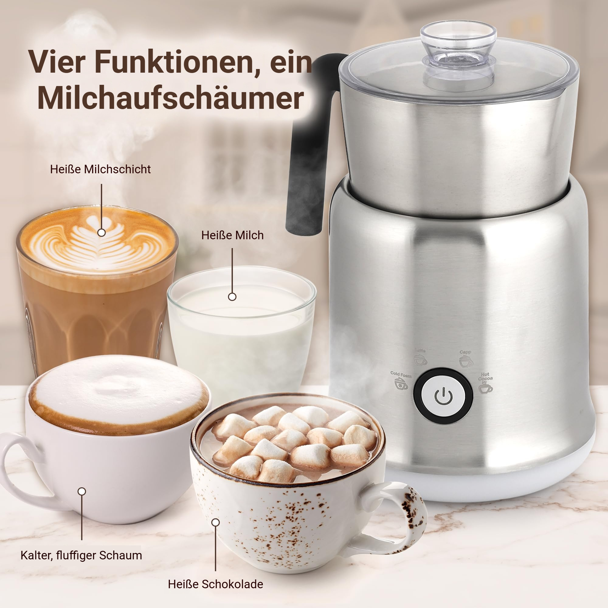Ein Milchaufschäumer mit vier Funktionen mit Getränken: Latte, heiße Milch, Kakao und Schaum.