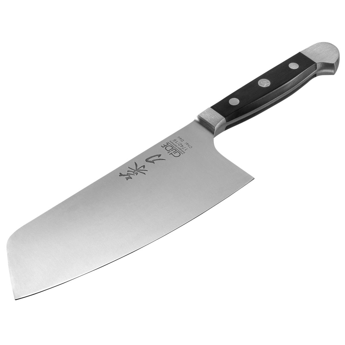 Ein scharfes Küchenmesser mit schwarzem Griff und silberner Klinge.