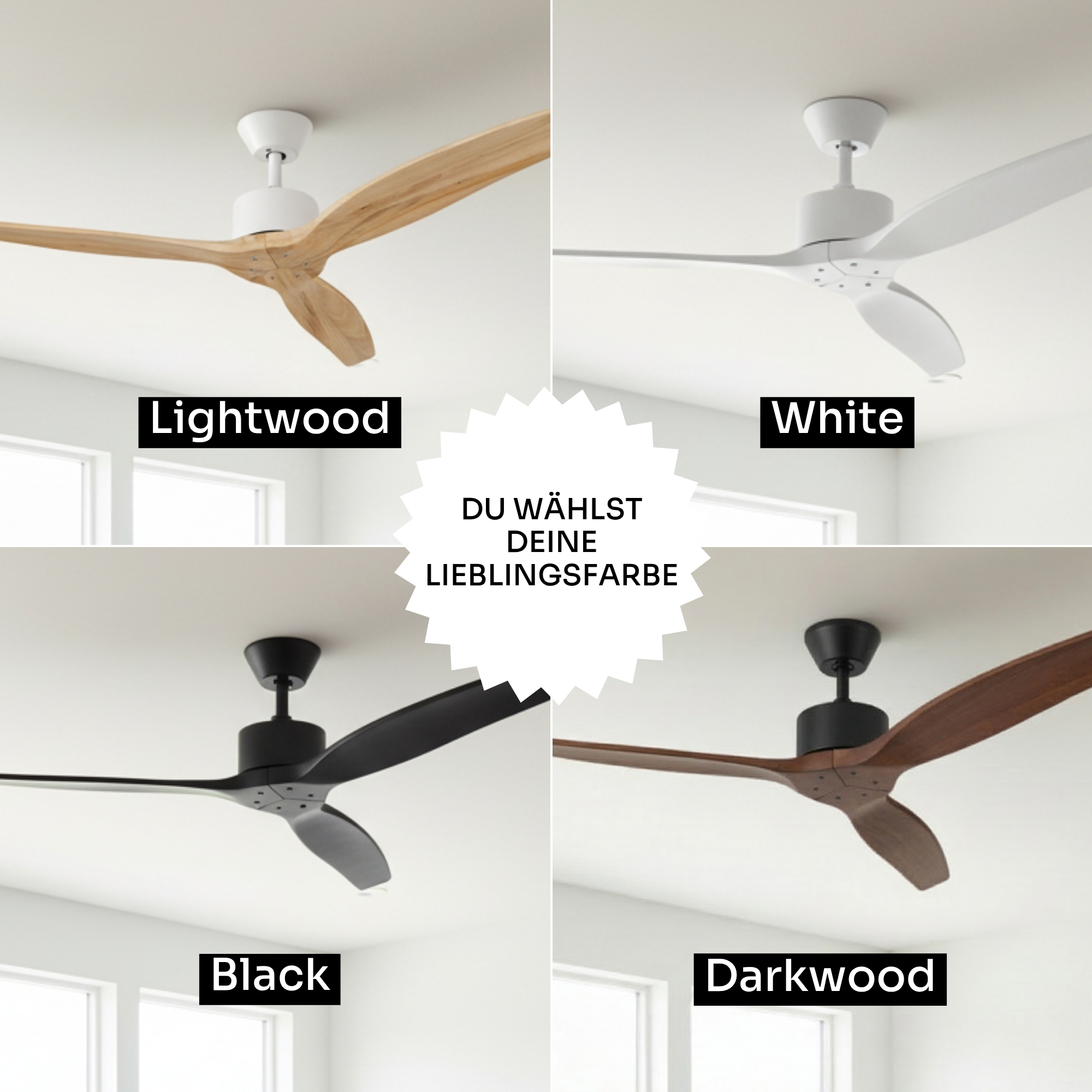Cuatro ventiladores de techo: Madera clara, Blanca, Negra, Madera oscura.