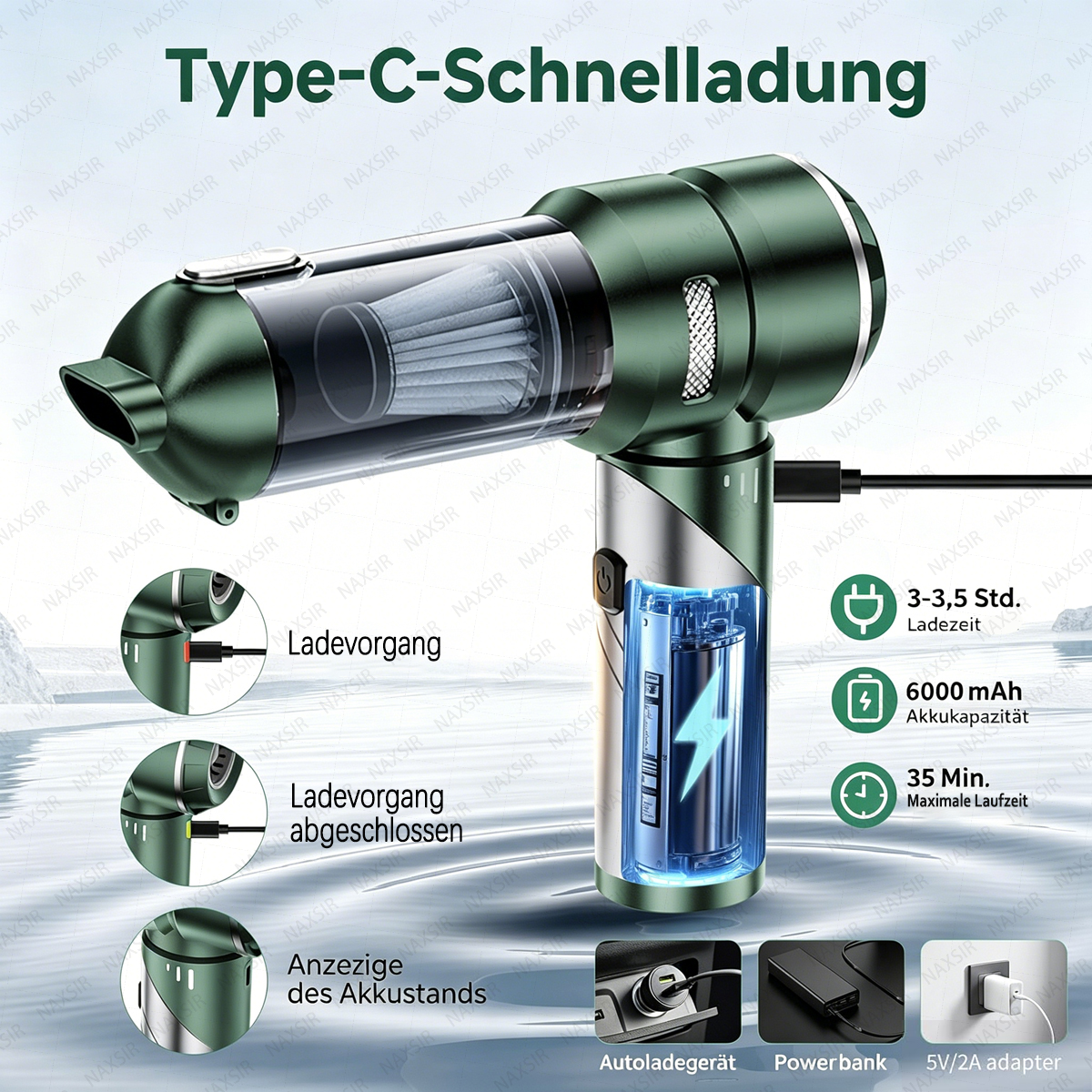 Ein grüner Handstaubsauger mit Zubehör und Ladeinformationen.