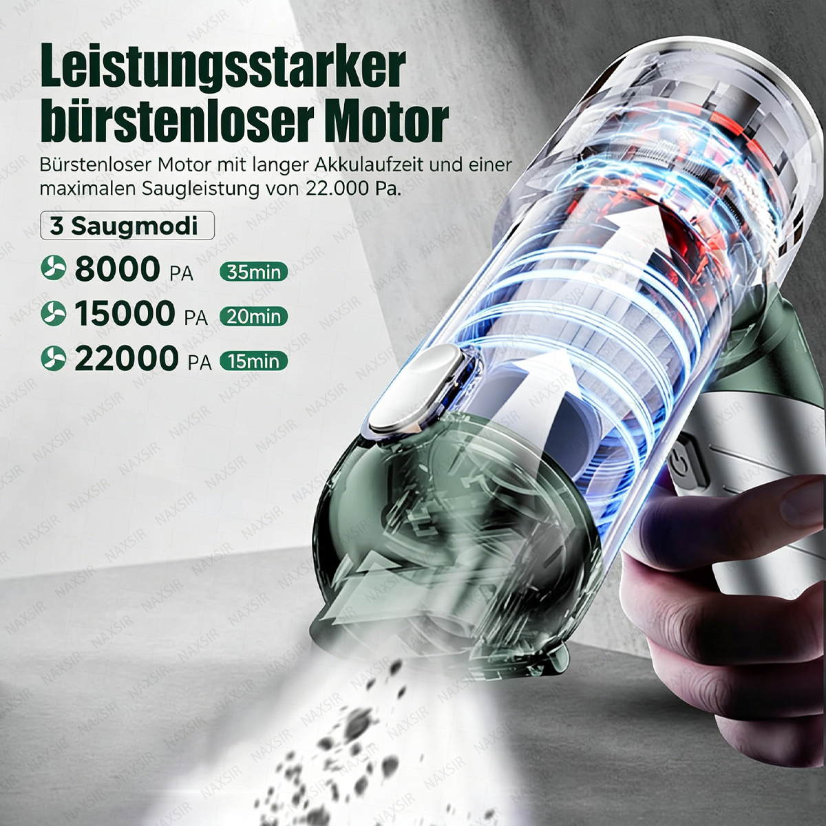Nahaufnahme einer Hand, die einen Akku-Staubsauger hält. Text Details Motorleistung und Akkulaufzeit.