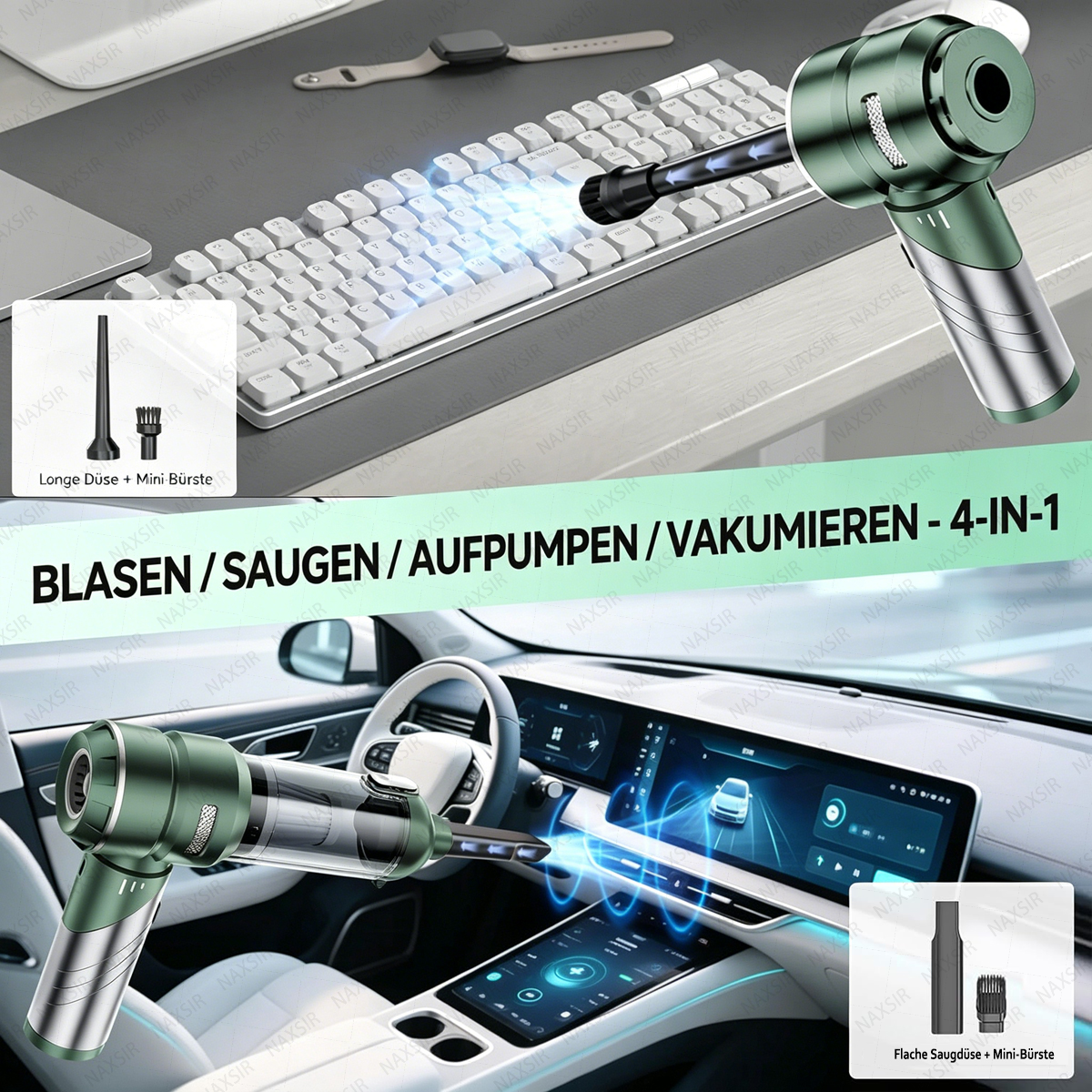 Ein grüner kabelloser Handstaubsauger reinigt eine Tastatur und das Innere eines Autos.