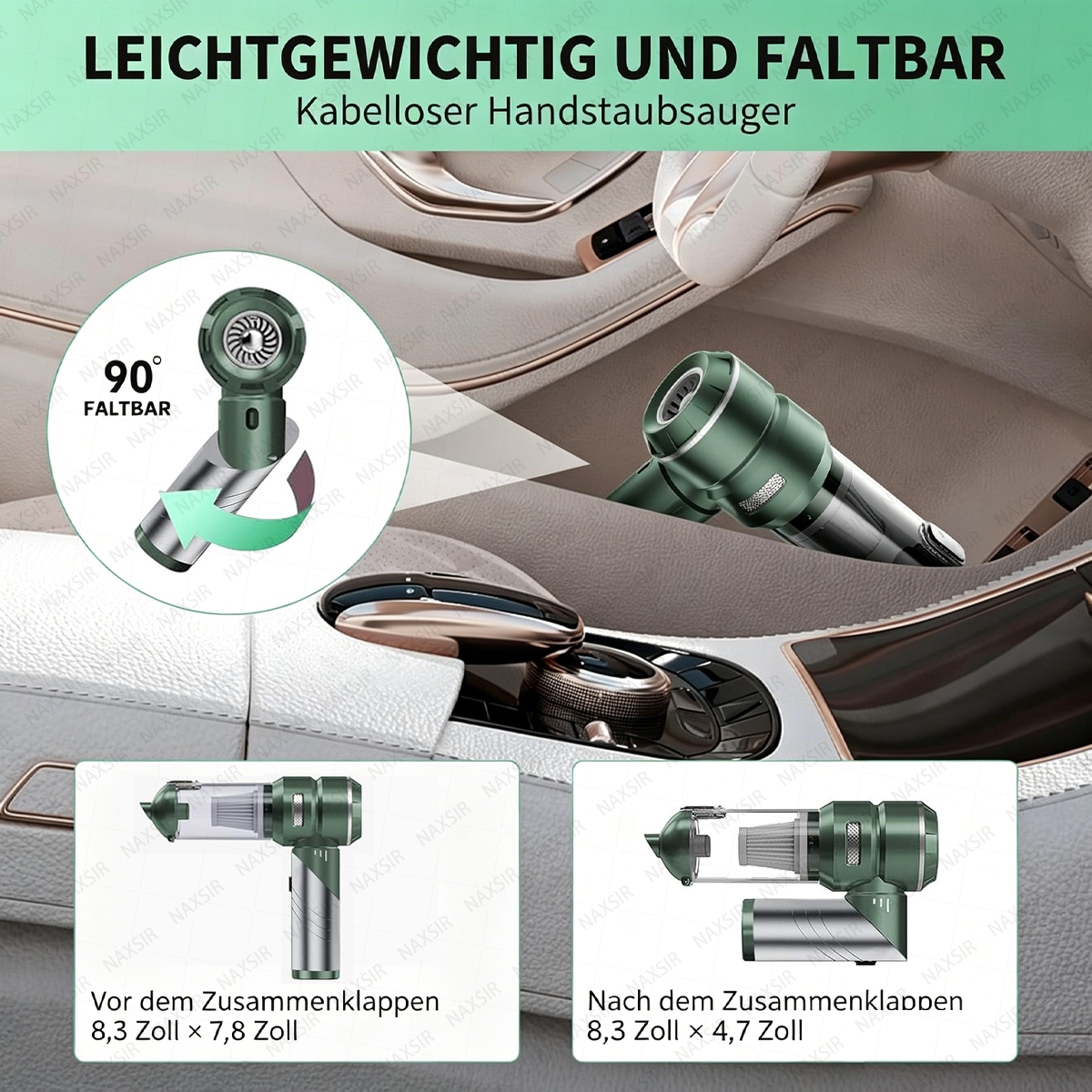 Ein grüner, faltbarer Handstaubsauger liegt im Auto. Vorher/Nachher-Ansichten.