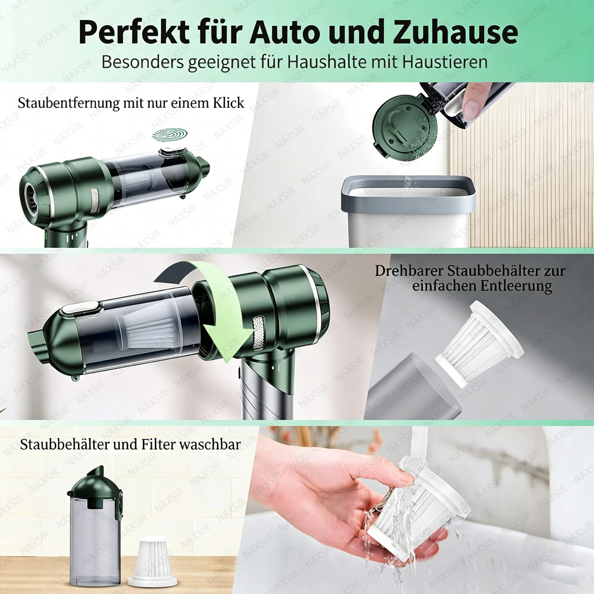 Ein grüner Handstaubsauger mit Zubehör, der Staubbehälter und Filter zeigt.