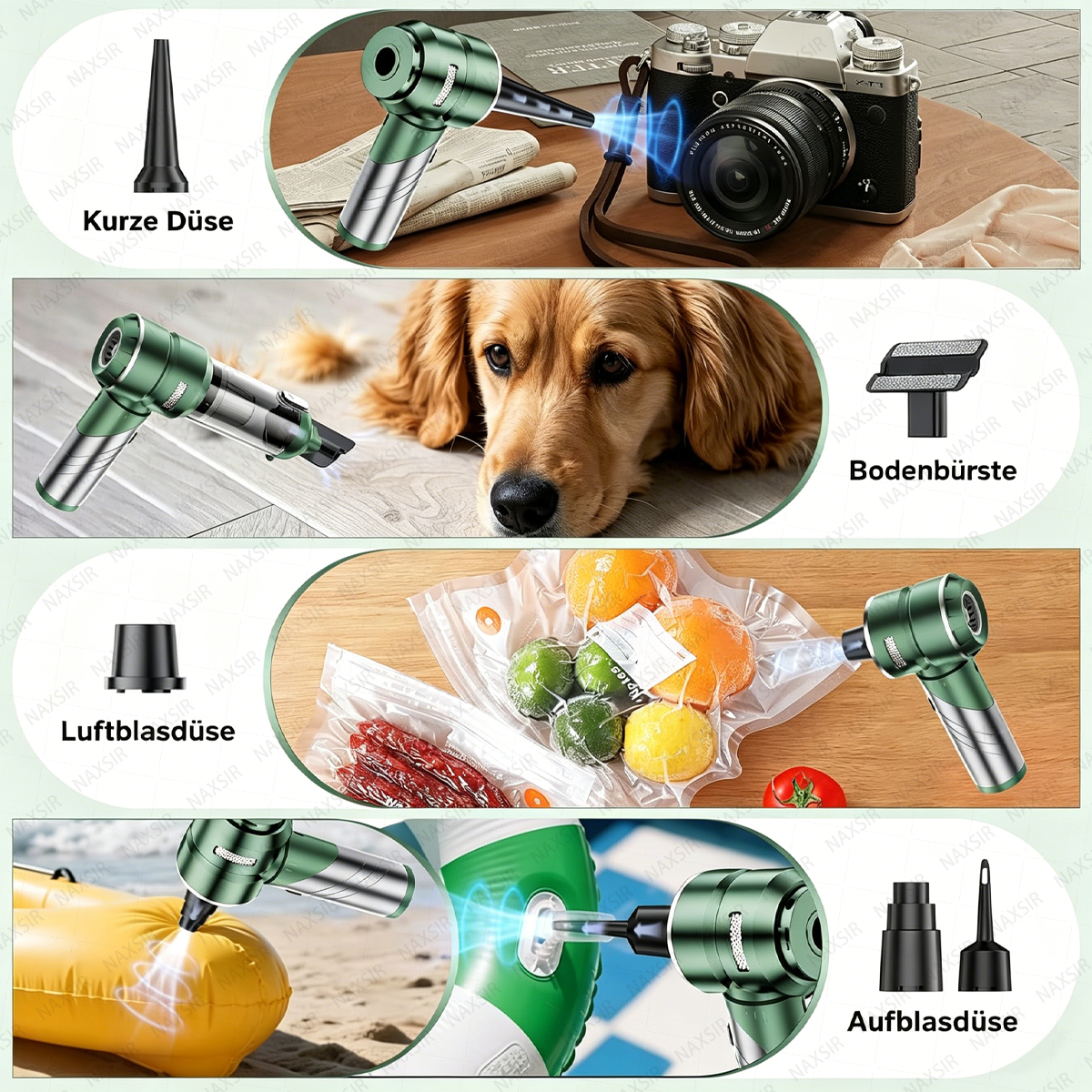 Ein grüner kabelloser Staubsauger im Einsatz mit verschiedenen Aufsätzen.
